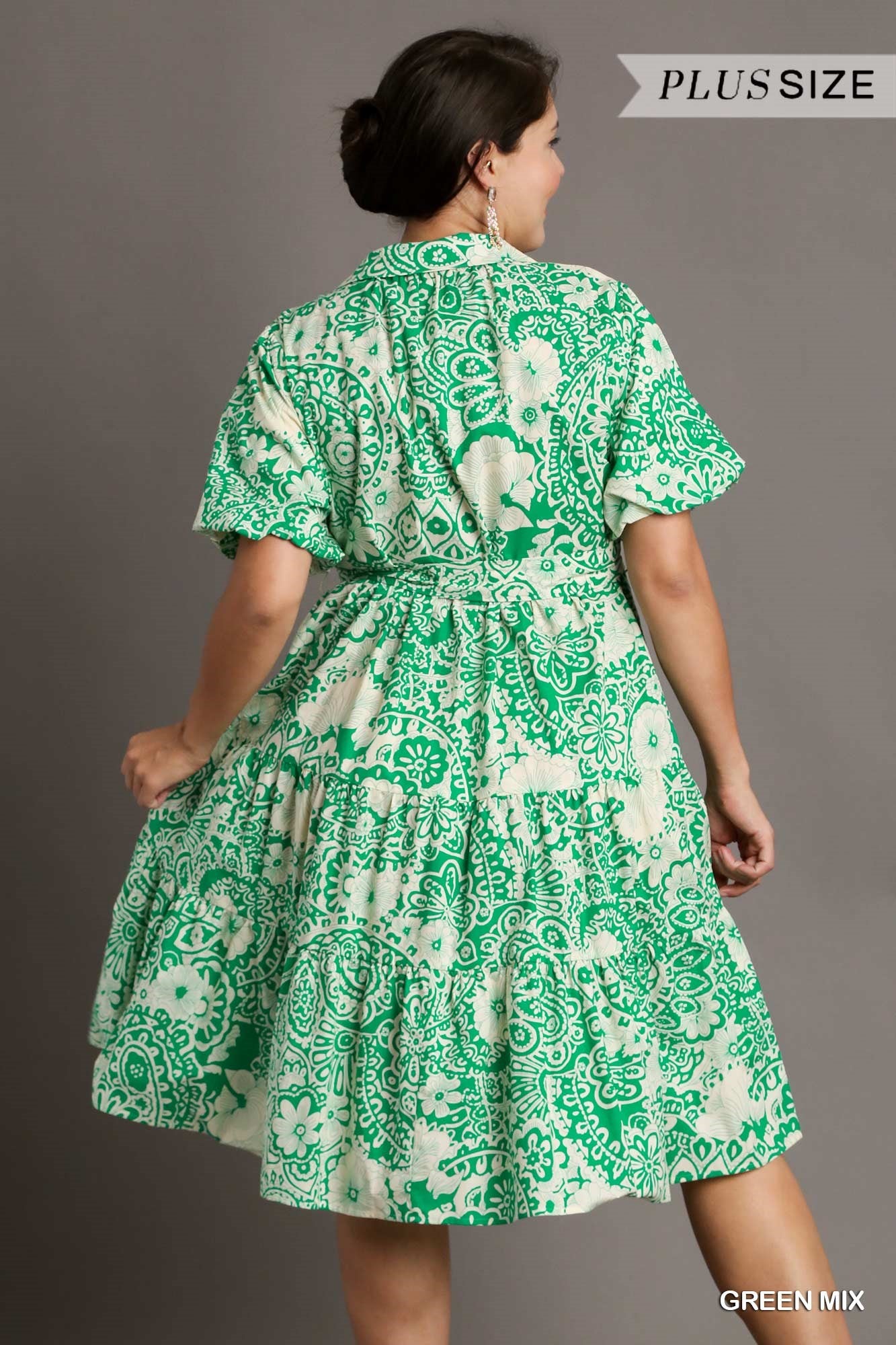 Umgee Plus Mixed Print Collared A-Line Puff Sleeves Tiered Midi Dress