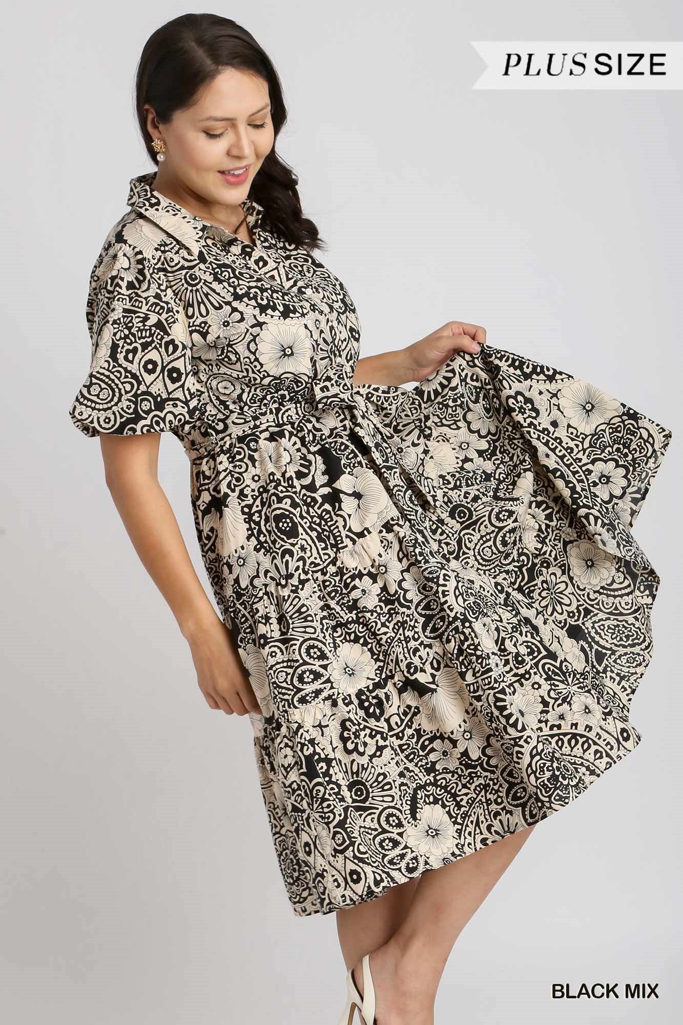 Umgee Plus Mixed Print Collared A-Line Puff Sleeves Tiered Midi Dress