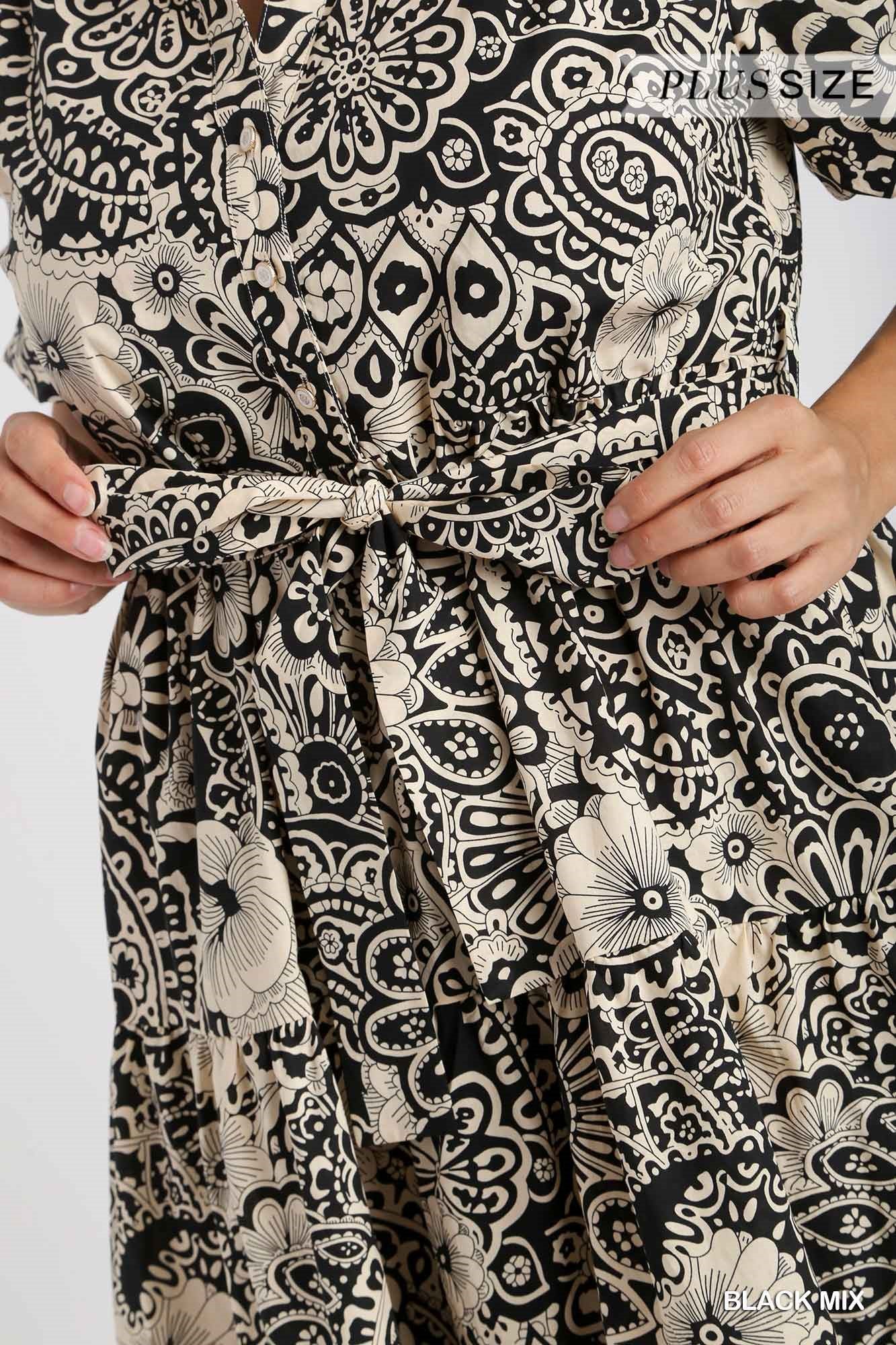 Umgee Plus Mixed Print Collared A-Line Puff Sleeves Tiered Midi Dress
