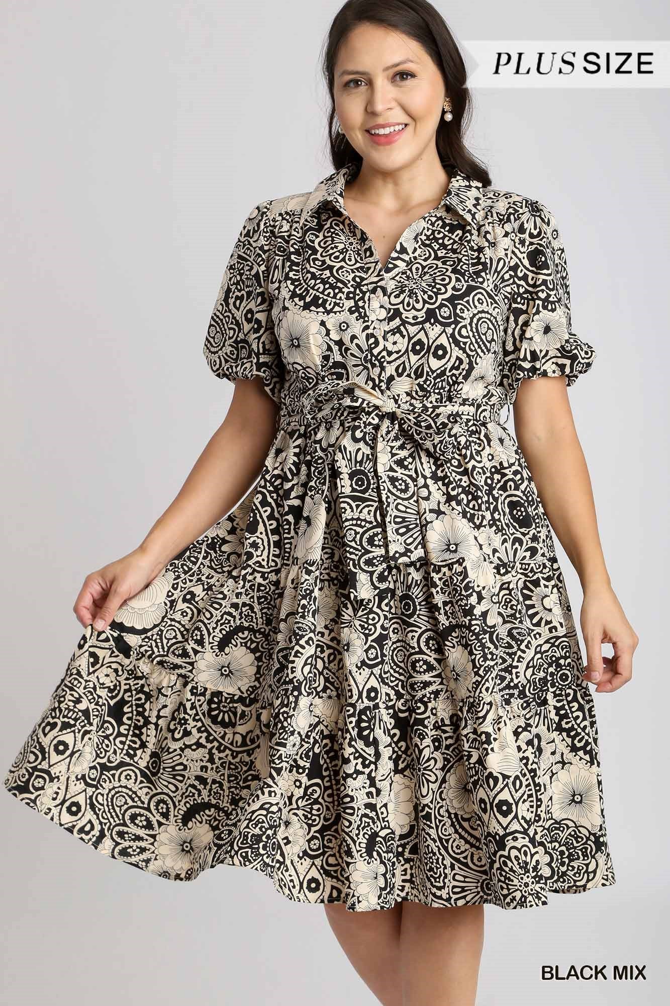 Umgee Plus Mixed Print Collared A-Line Puff Sleeves Tiered Midi Dress