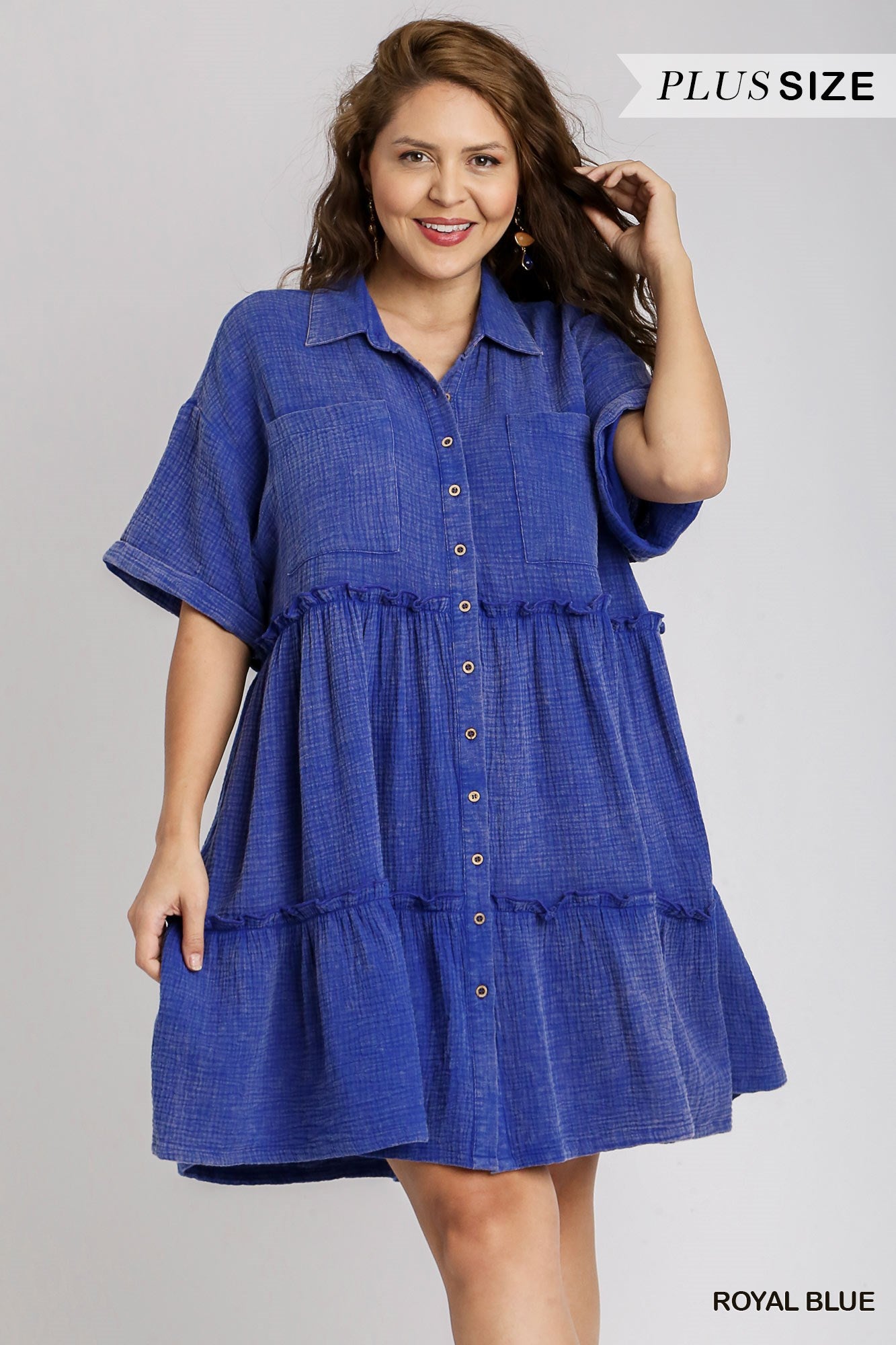 Umgee Plus Mineral Wash Button Down Cotton Gauze Fray Chest Pockets Dress