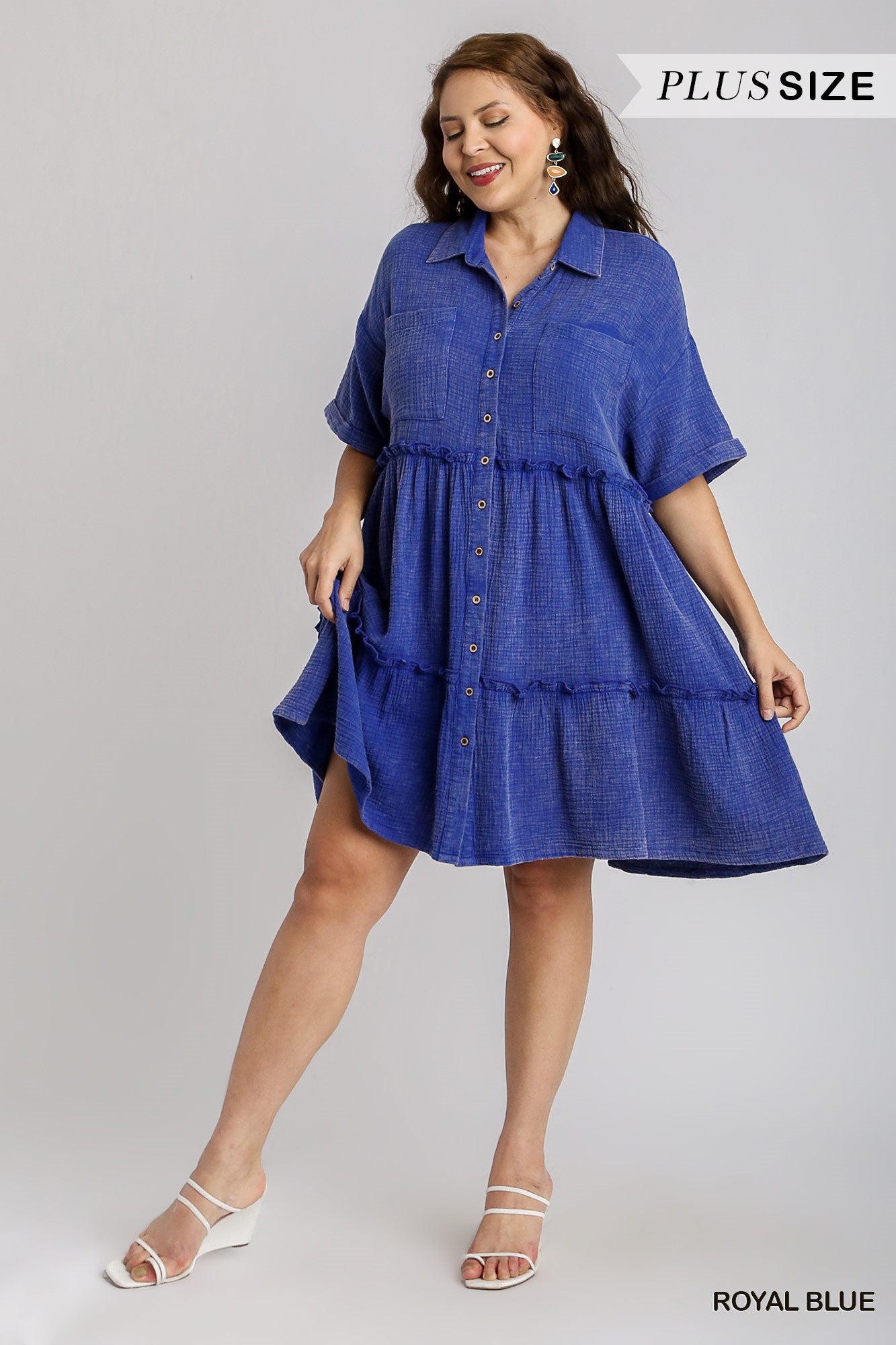 Umgee Plus Mineral Wash Button Down Cotton Gauze Fray Chest Pockets Dress