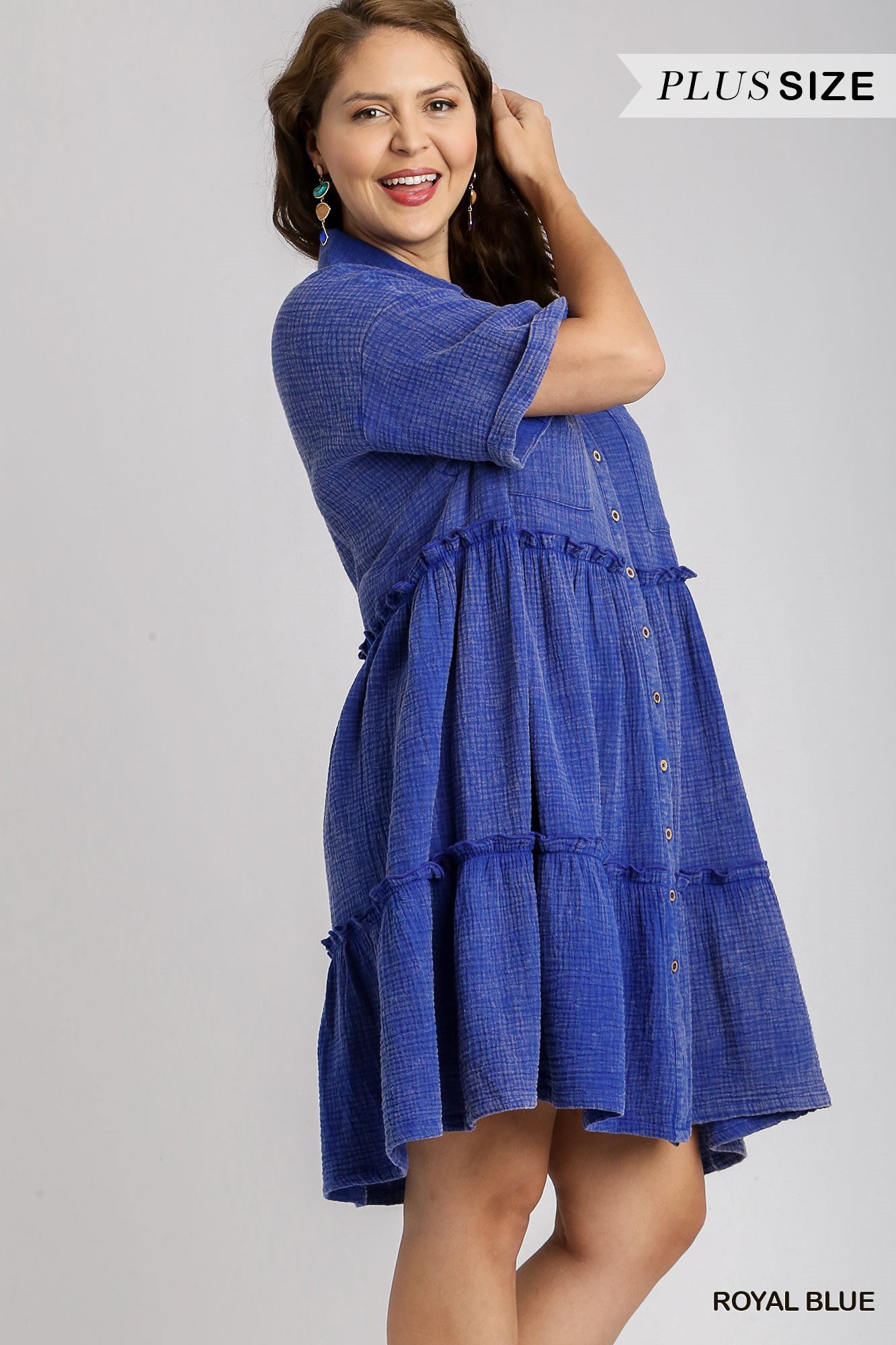 Umgee Plus Mineral Wash Button Down Cotton Gauze Fray Chest Pockets Dress