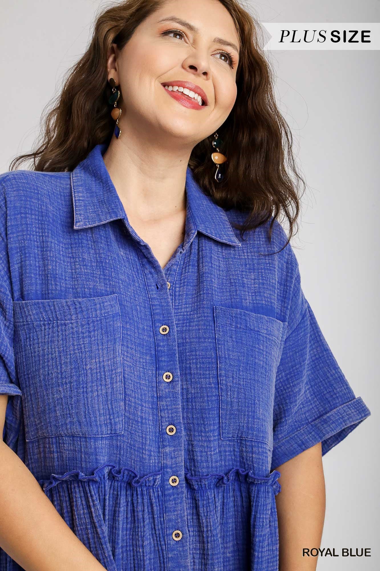 Umgee Plus Mineral Wash Button Down Cotton Gauze Fray Chest Pockets Dress