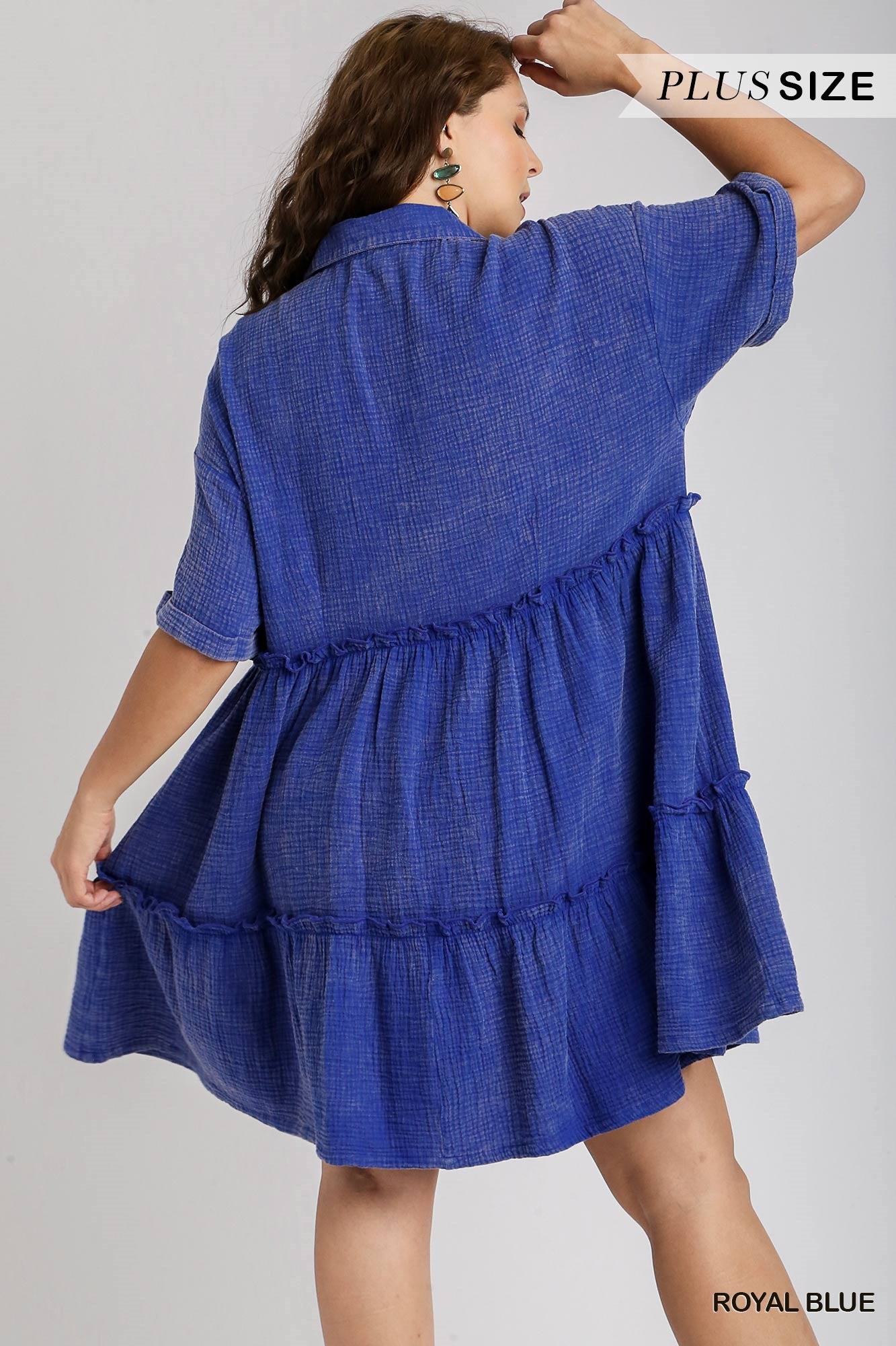 Umgee Plus Mineral Wash Button Down Cotton Gauze Fray Chest Pockets Dress