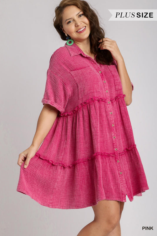 Umgee Plus Mineral Wash Button Down Cotton Gauze Fray Chest Pockets Dress