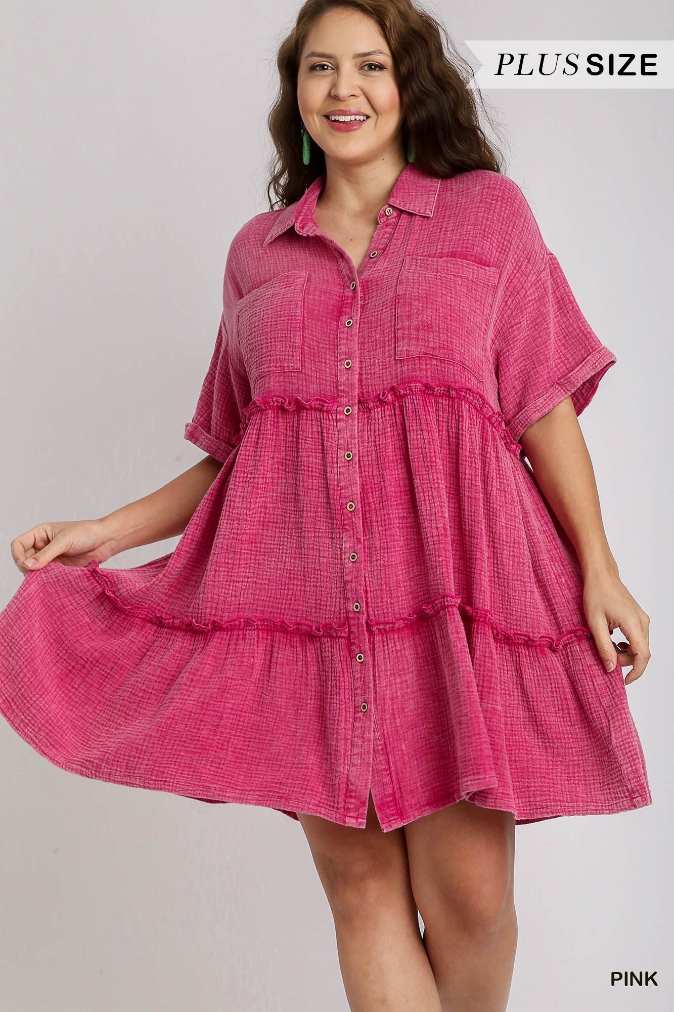 Umgee Plus Mineral Wash Button Down Cotton Gauze Fray Chest Pockets Dress