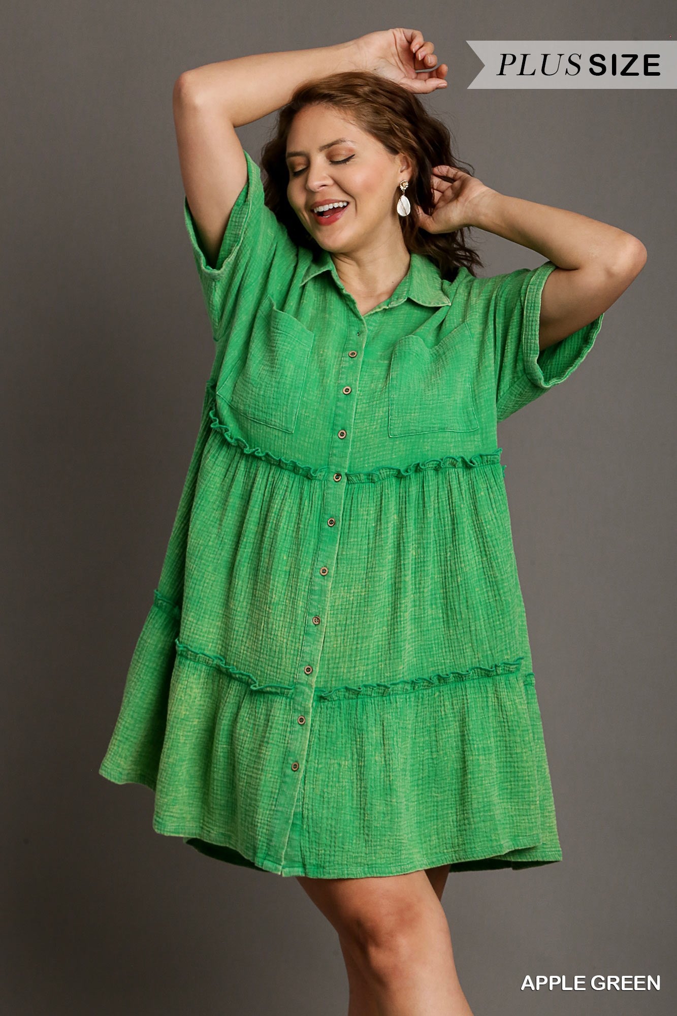 Umgee Plus Mineral Wash Button Down Cotton Gauze Fray Chest Pockets Dress