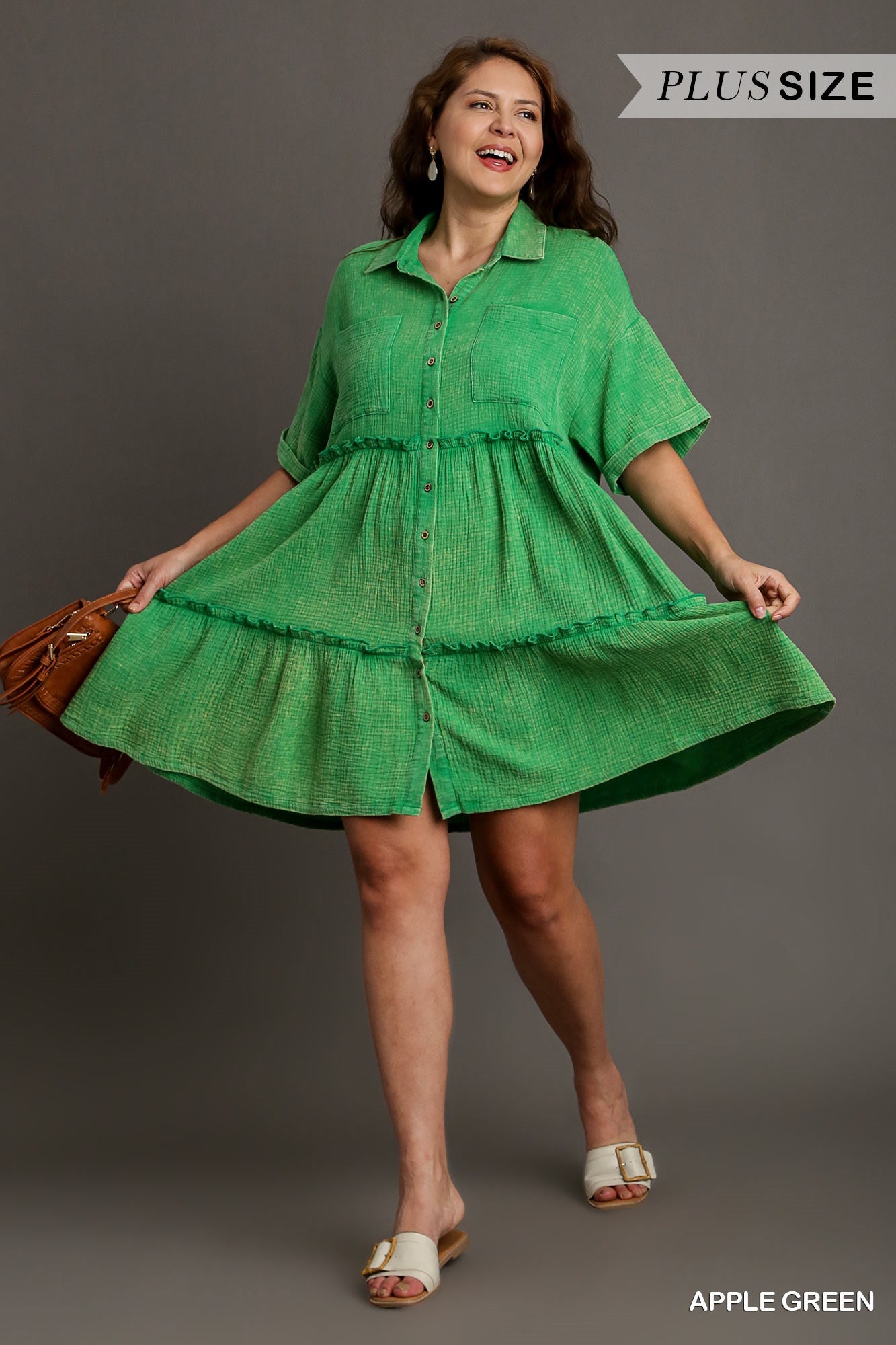 Umgee Plus Mineral Wash Button Down Cotton Gauze Fray Chest Pockets Dress