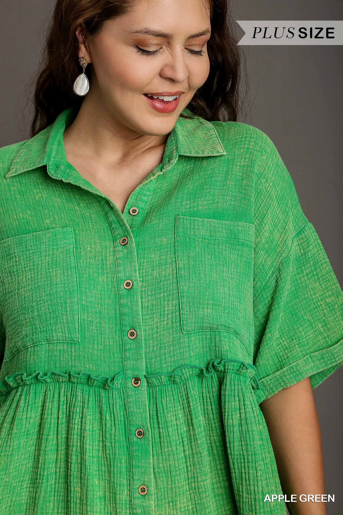 Umgee Plus Mineral Wash Button Down Cotton Gauze Fray Chest Pockets Dress