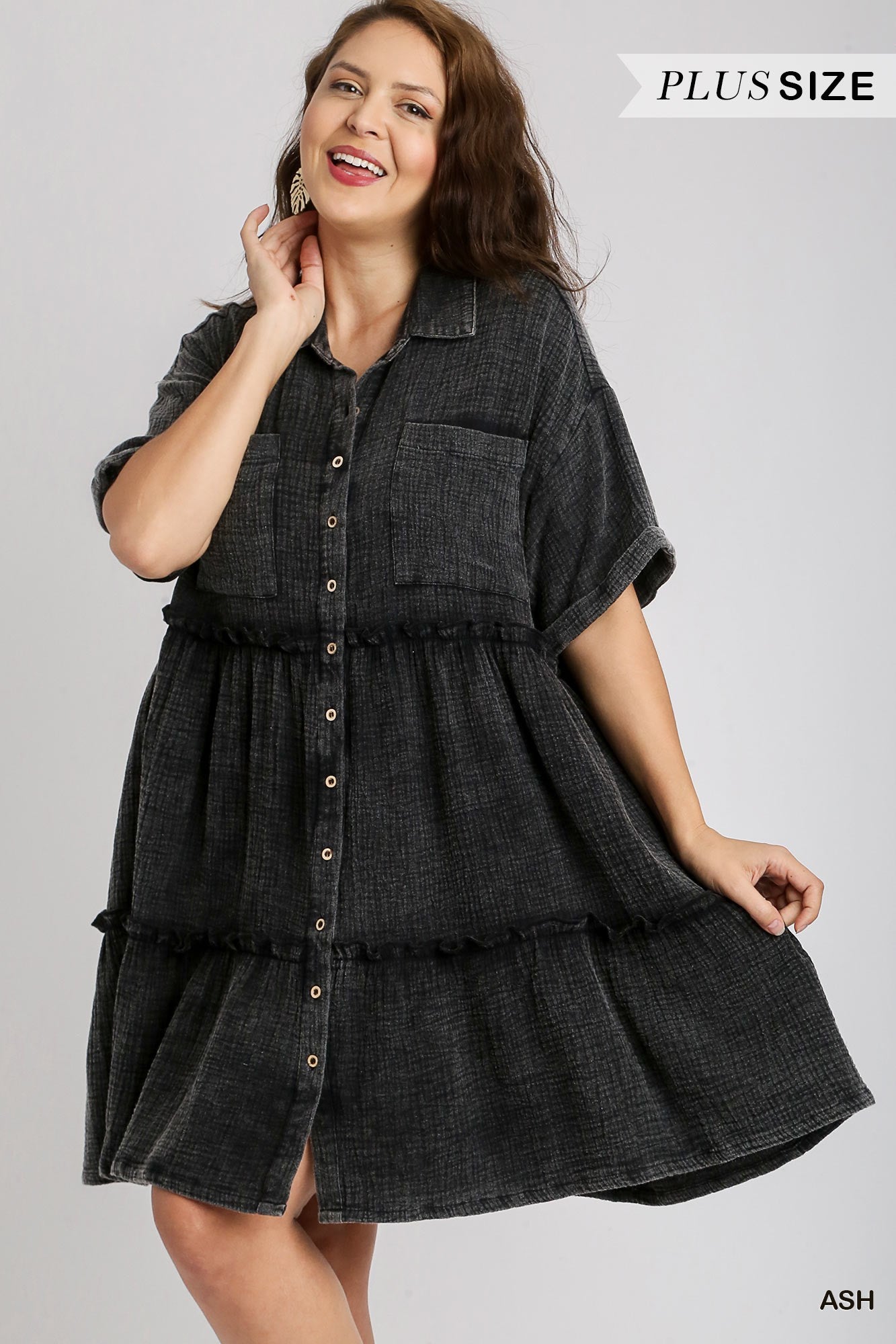 Umgee Plus Mineral Wash Button Down Cotton Gauze Fray Chest Pockets Dress