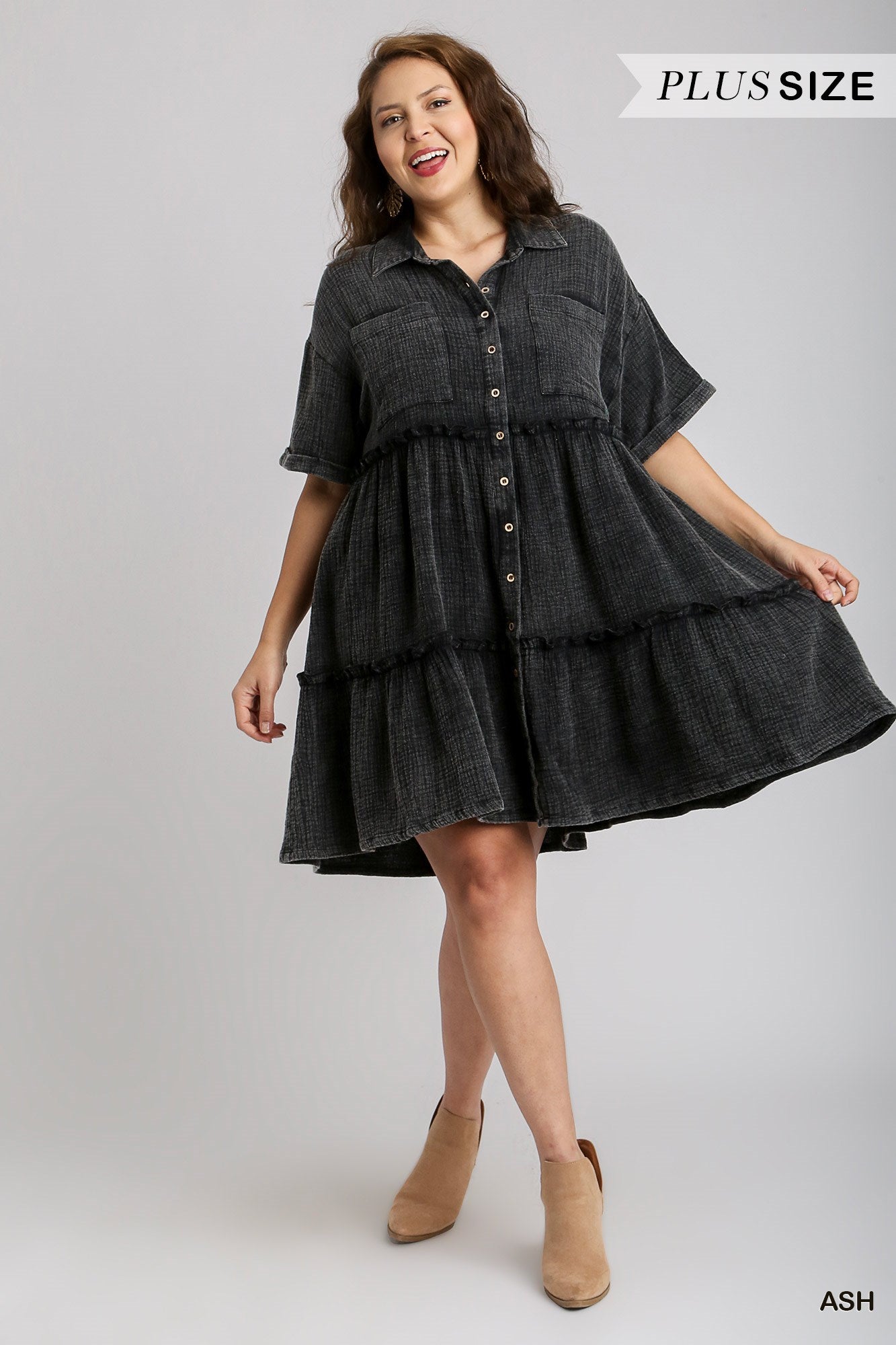 Umgee Plus Mineral Wash Button Down Cotton Gauze Fray Chest Pockets Dress