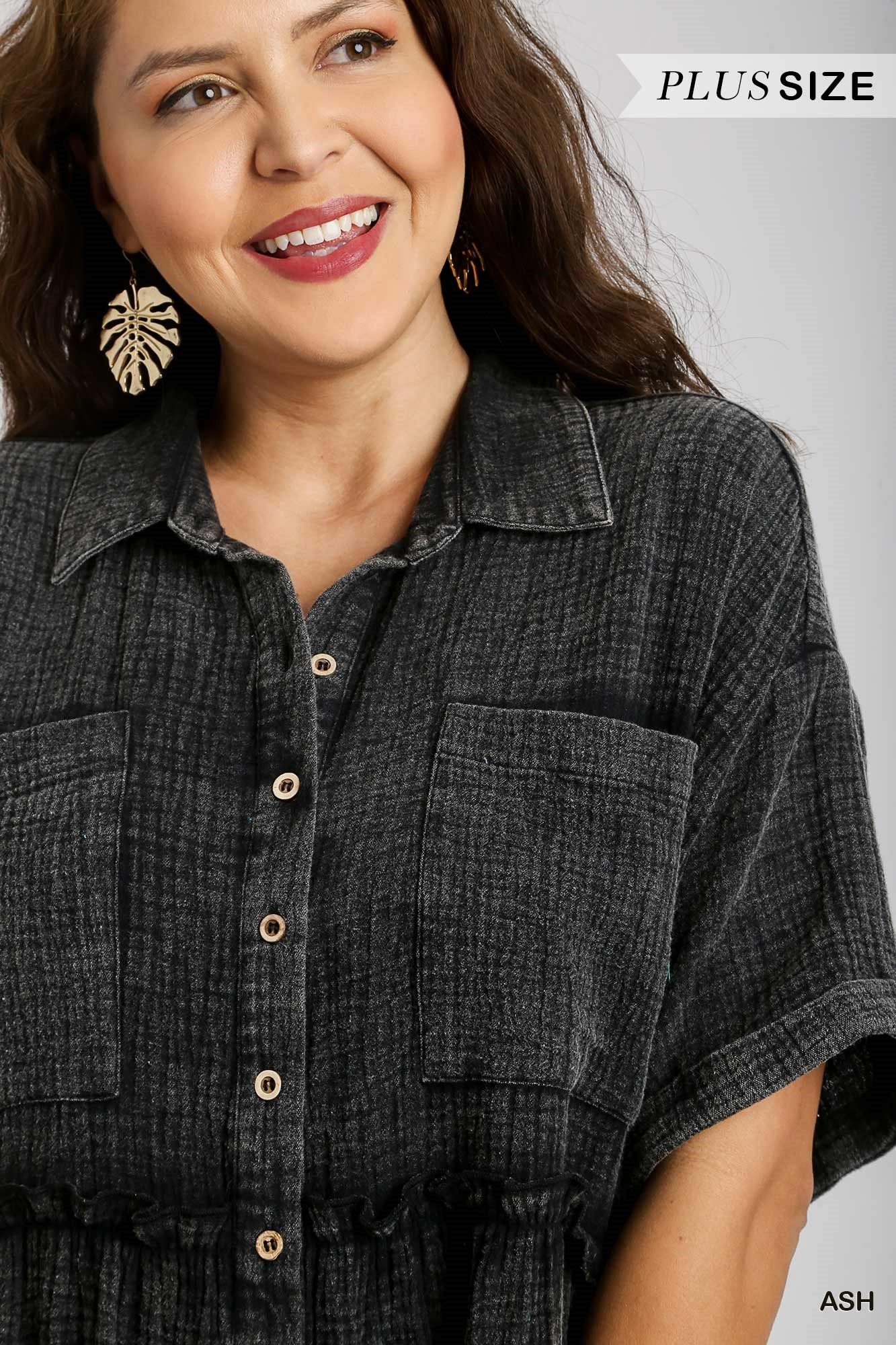 Umgee Plus Mineral Wash Button Down Cotton Gauze Fray Chest Pockets Dress