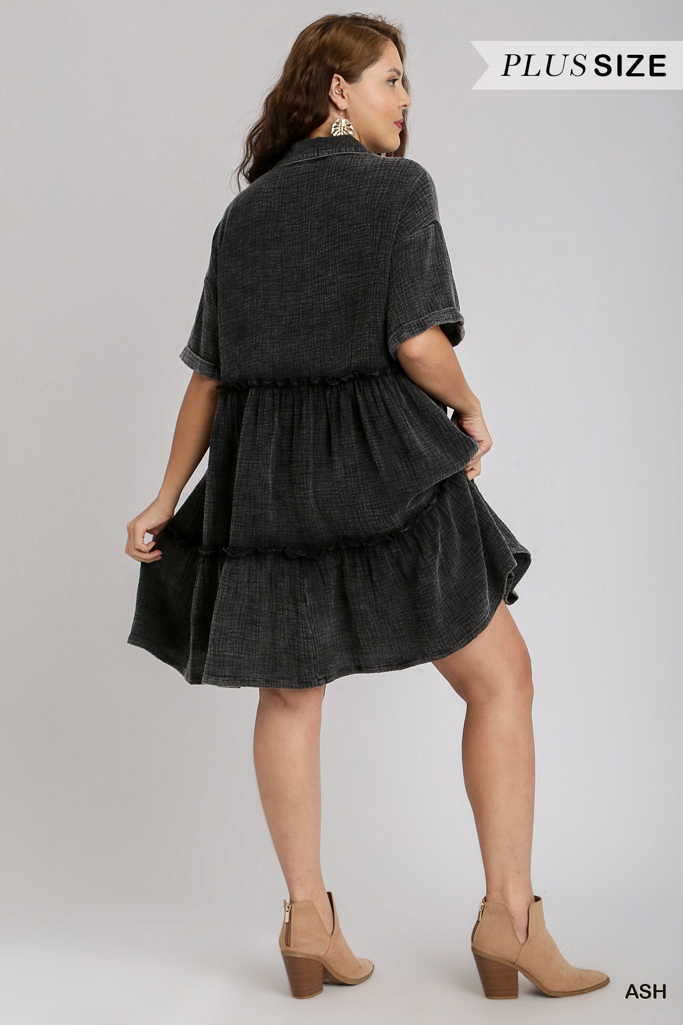 Umgee Plus Mineral Wash Button Down Cotton Gauze Fray Chest Pockets Dress