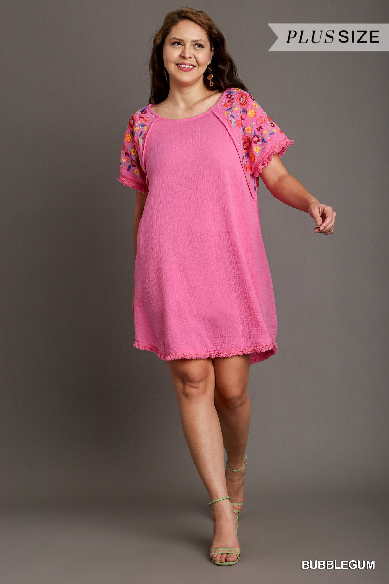 Umgee Plus Cotton Gauze High Low Frayed Hem Round Neck Embroidery Sleeves Dress