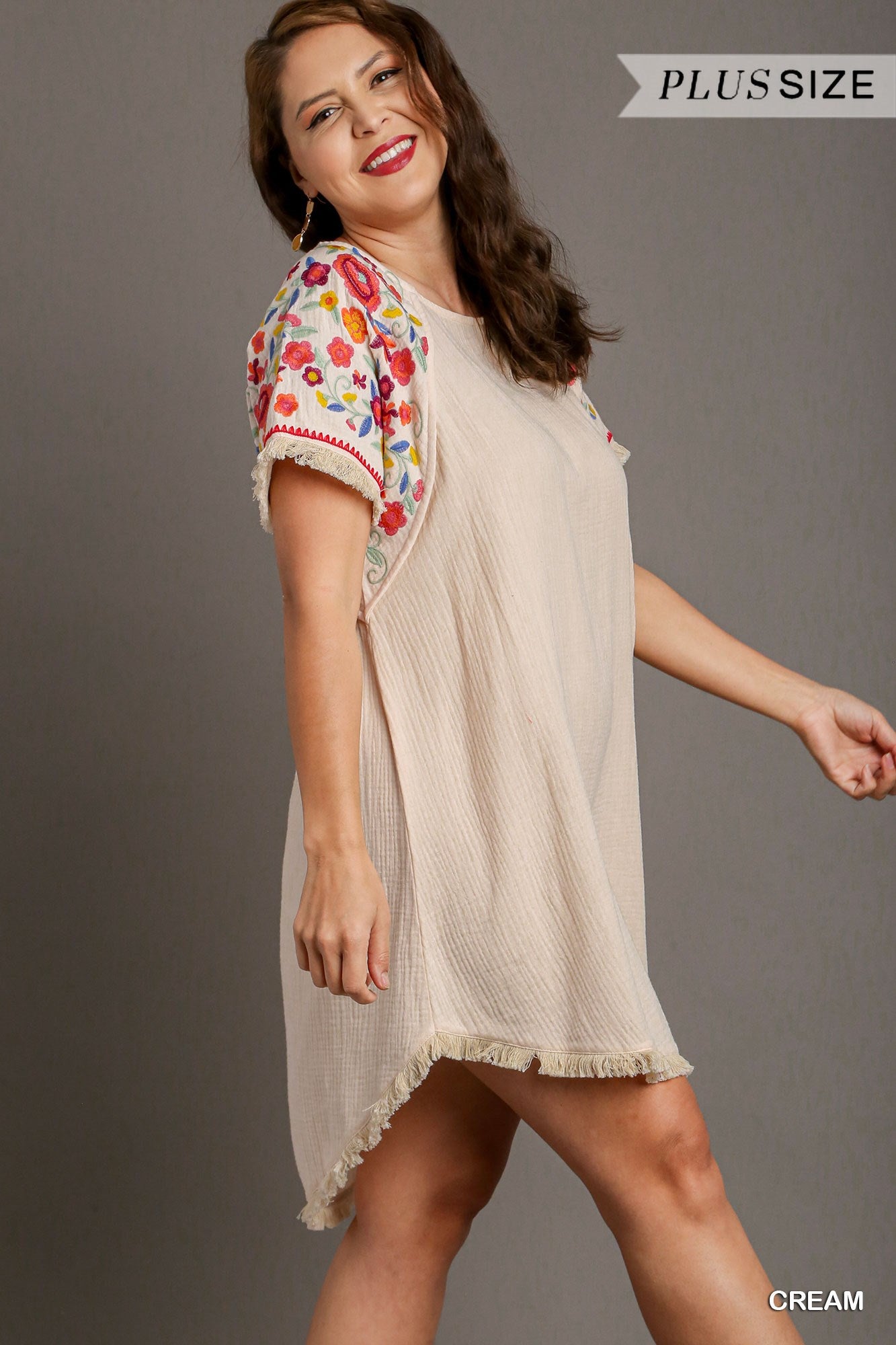 Umgee Plus Cotton Gauze High Low Frayed Hem Round Neck Embroidery Sleeves Dress