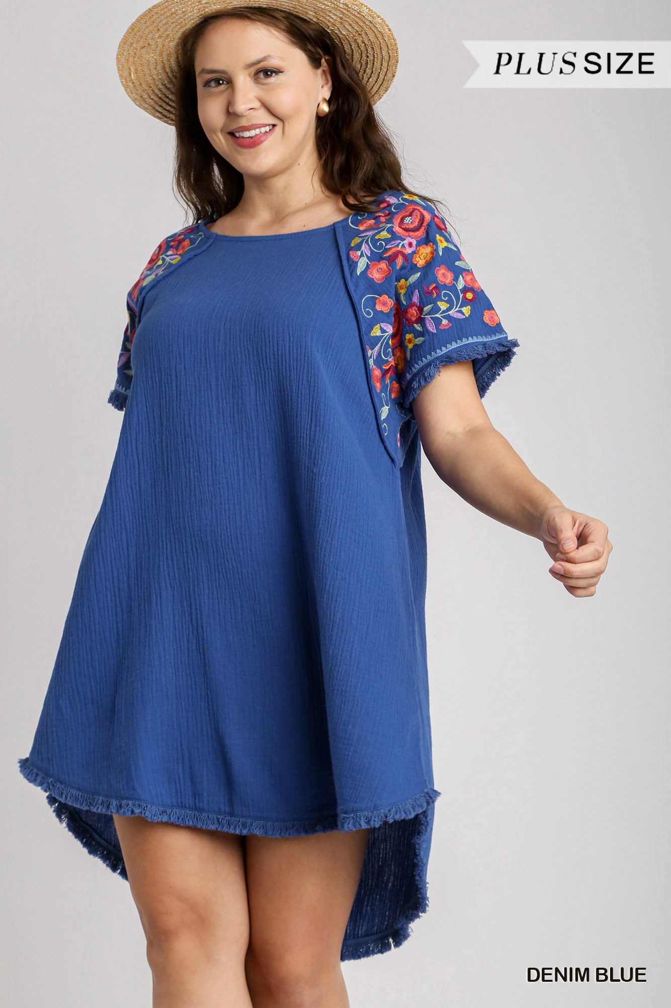 Umgee Plus Cotton Gauze High Low Frayed Hem Round Neck Embroidery Sleeves Dress