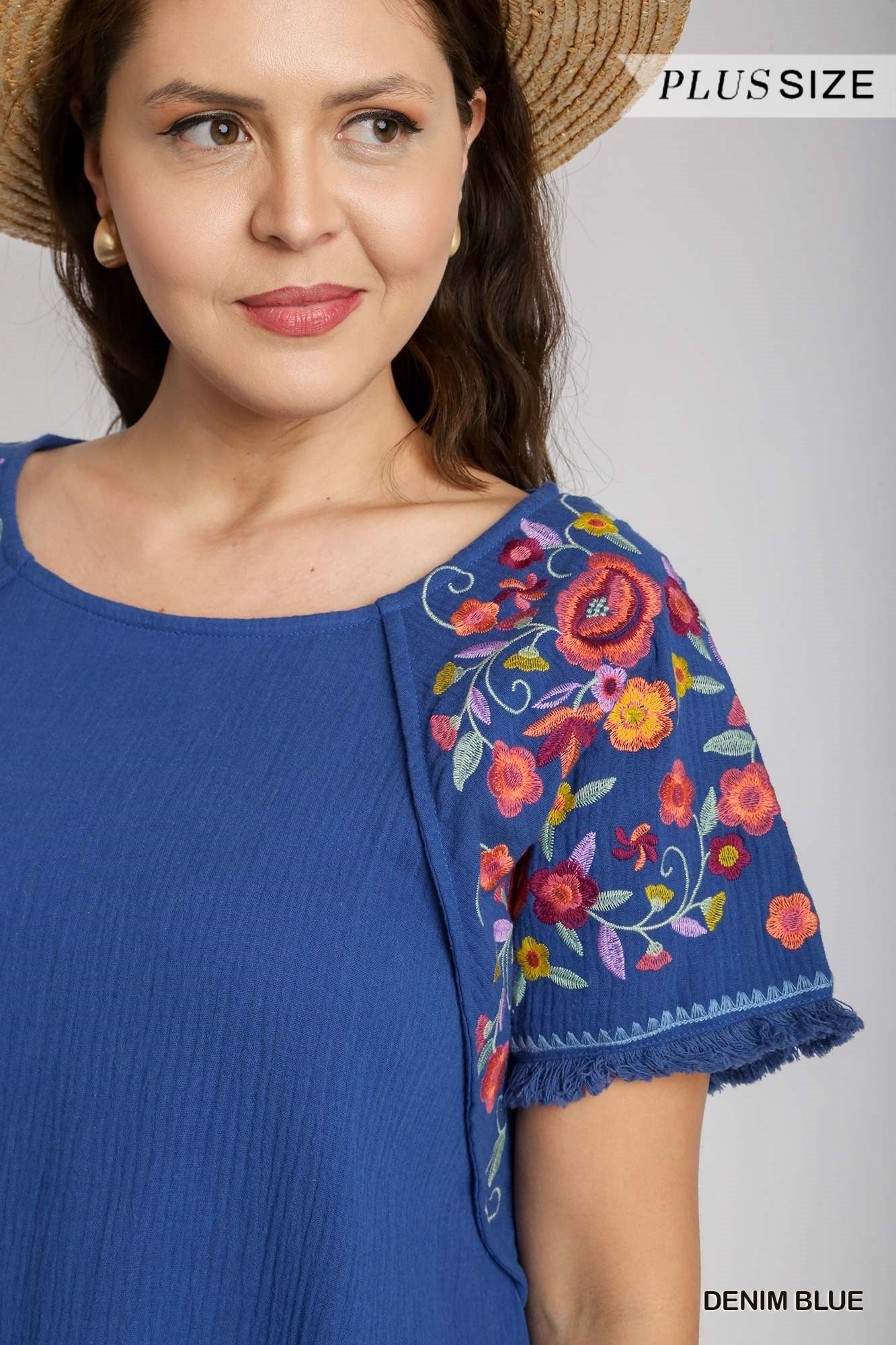 Umgee Plus Cotton Gauze High Low Frayed Hem Round Neck Embroidery Sleeves Dress