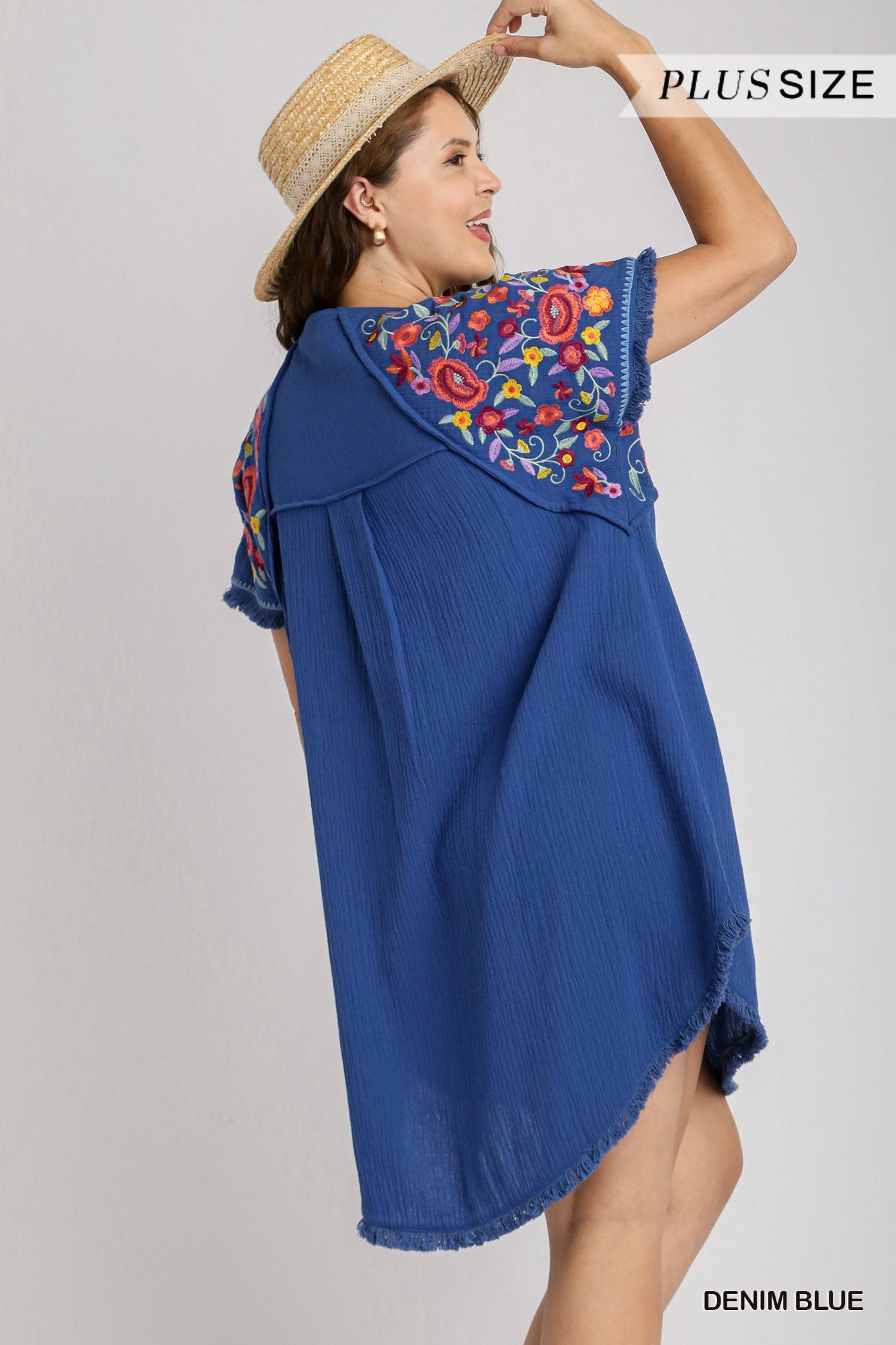 Umgee Plus Cotton Gauze High Low Frayed Hem Round Neck Embroidery Sleeves Dress