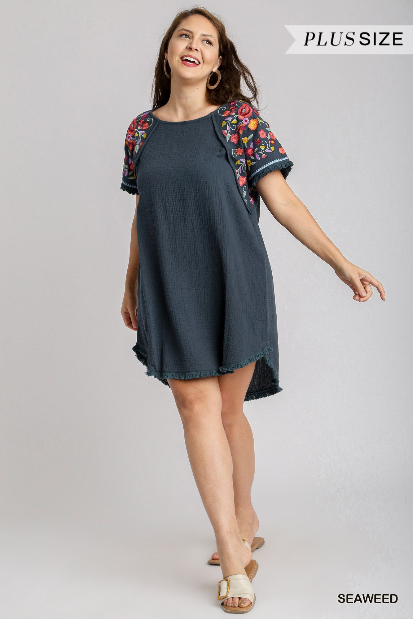 Umgee Plus Cotton Gauze High Low Frayed Hem Round Neck Embroidery Sleeves Dress