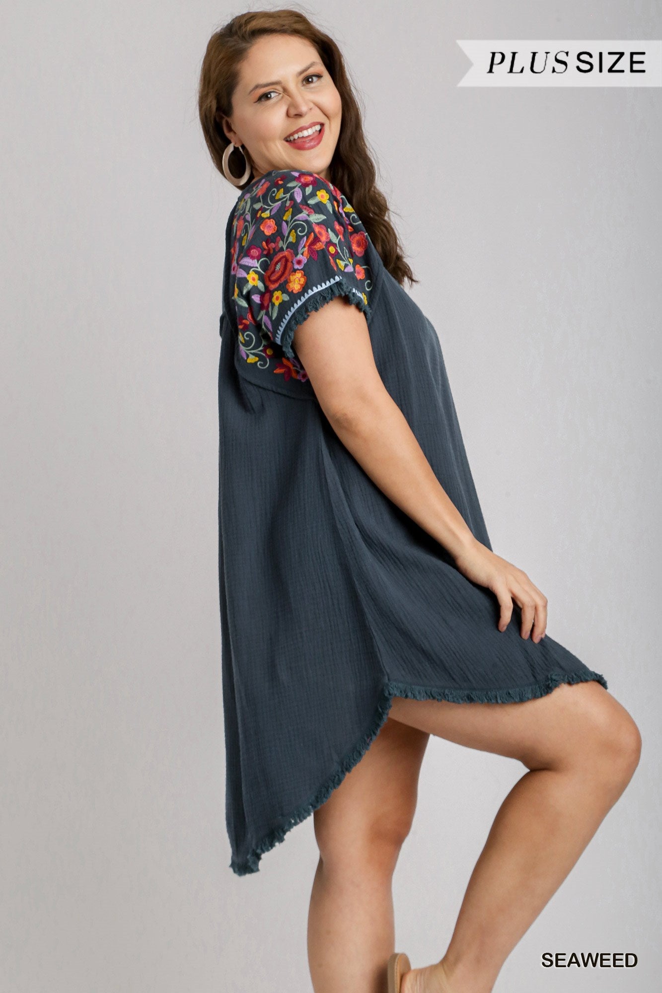 Umgee Plus Cotton Gauze High Low Frayed Hem Round Neck Embroidery Sleeves Dress