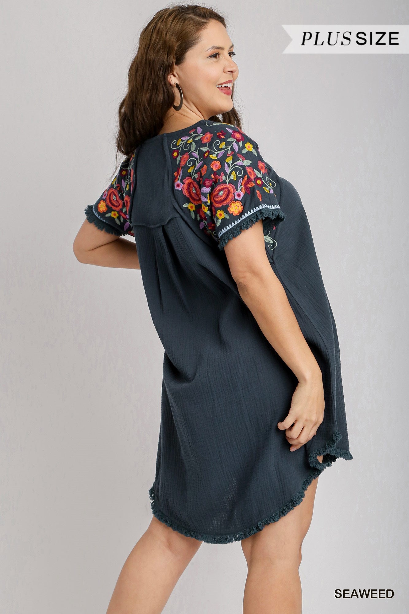 Umgee Plus Cotton Gauze High Low Frayed Hem Round Neck Embroidery Sleeves Dress