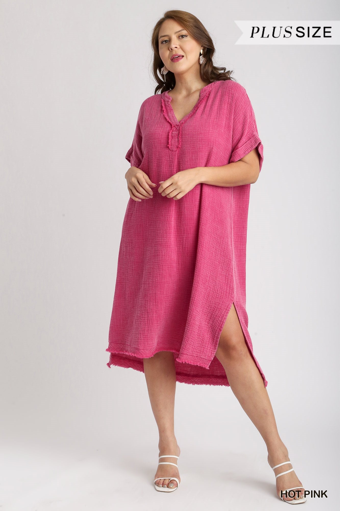 Umgee Plus Mineral Wash Cotton Gauze Split Neck Frayed Side Slit Midi Dress