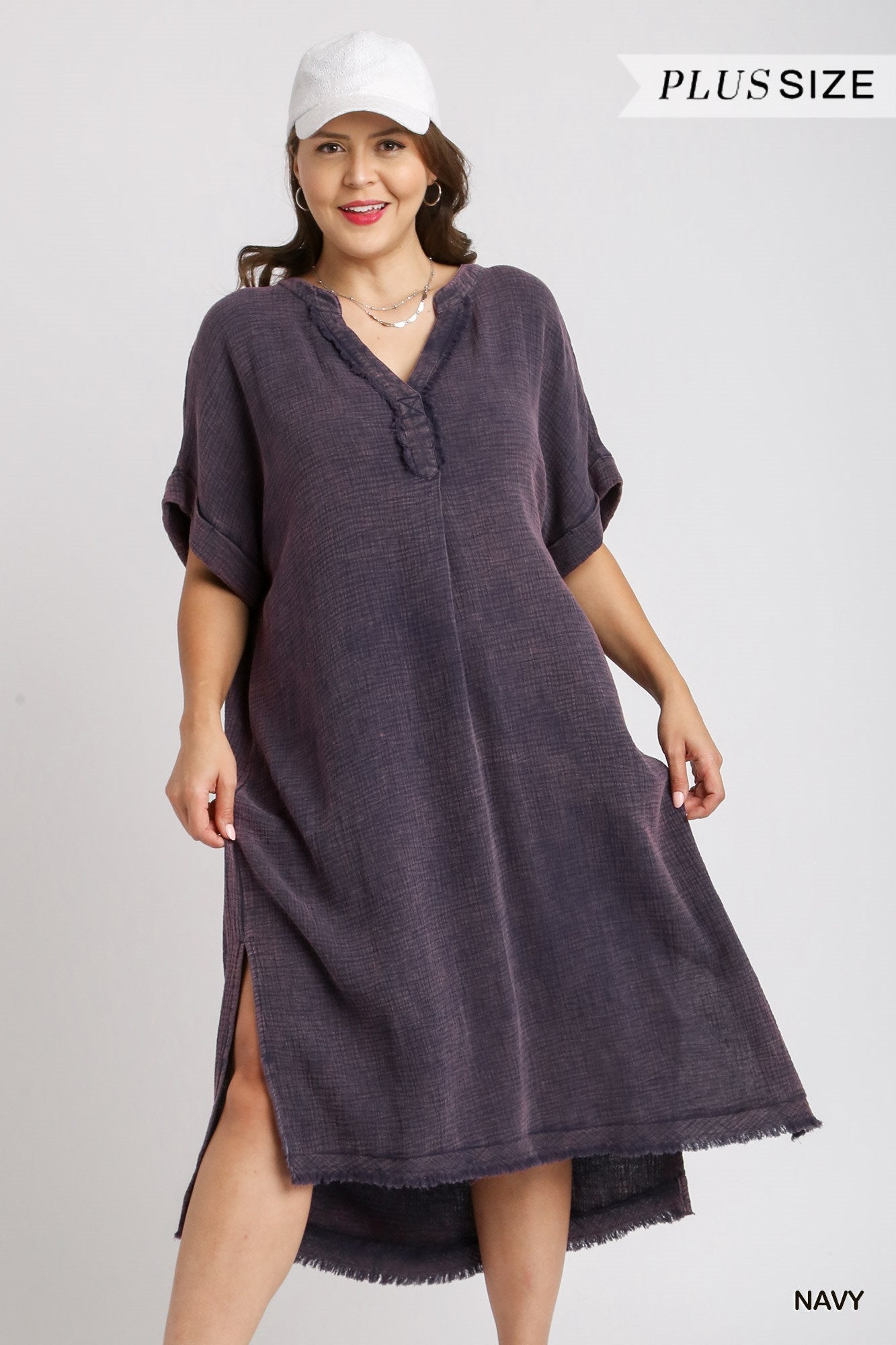 Umgee Plus Mineral Wash Cotton Gauze Split Neck Frayed Side Slit Midi Dress