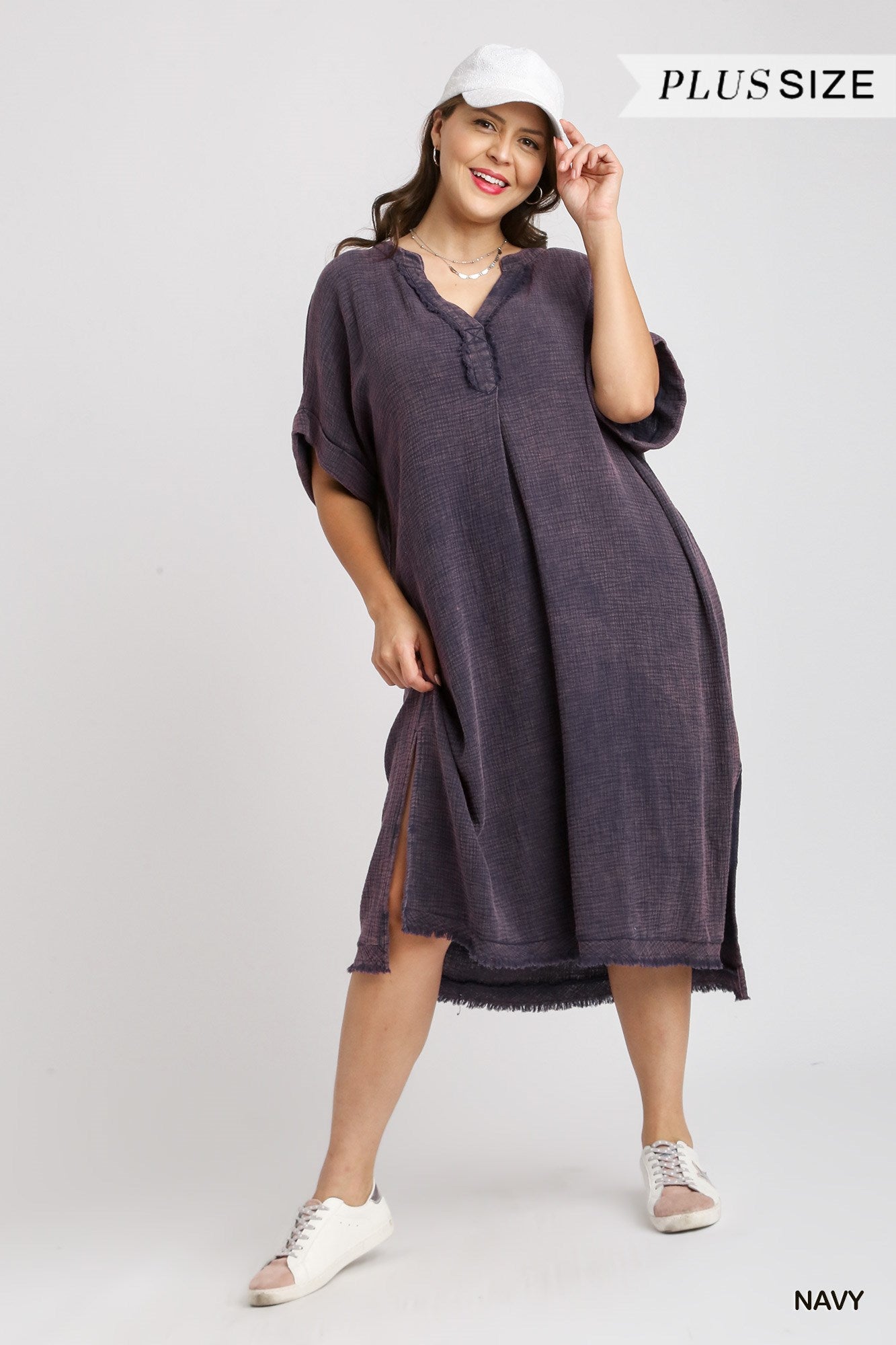 Umgee Plus Mineral Wash Cotton Gauze Split Neck Frayed Side Slit Midi Dress