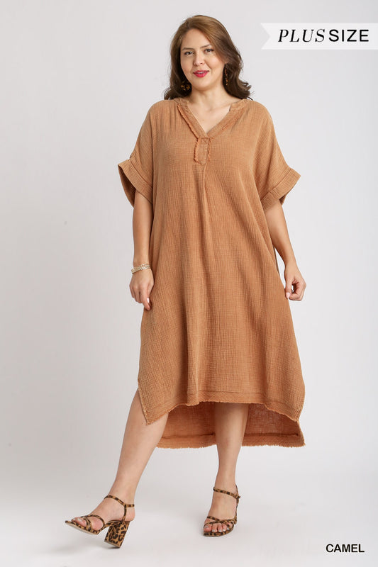 Umgee Plus Mineral Wash Cotton Gauze Split Neck Frayed Side Slit Midi Dress