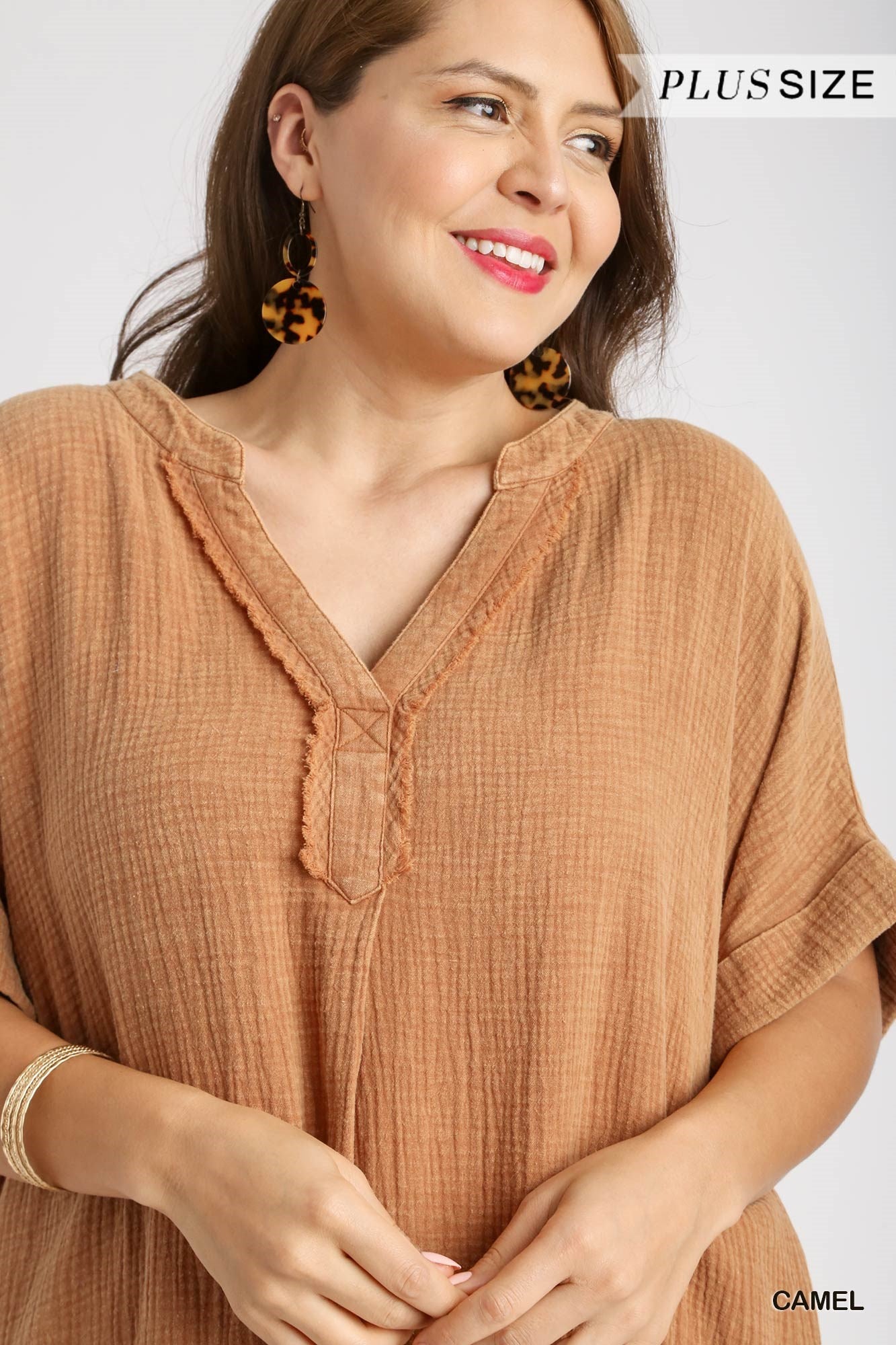 Umgee Plus Mineral Wash Cotton Gauze Split Neck Frayed Side Slit Midi Dress