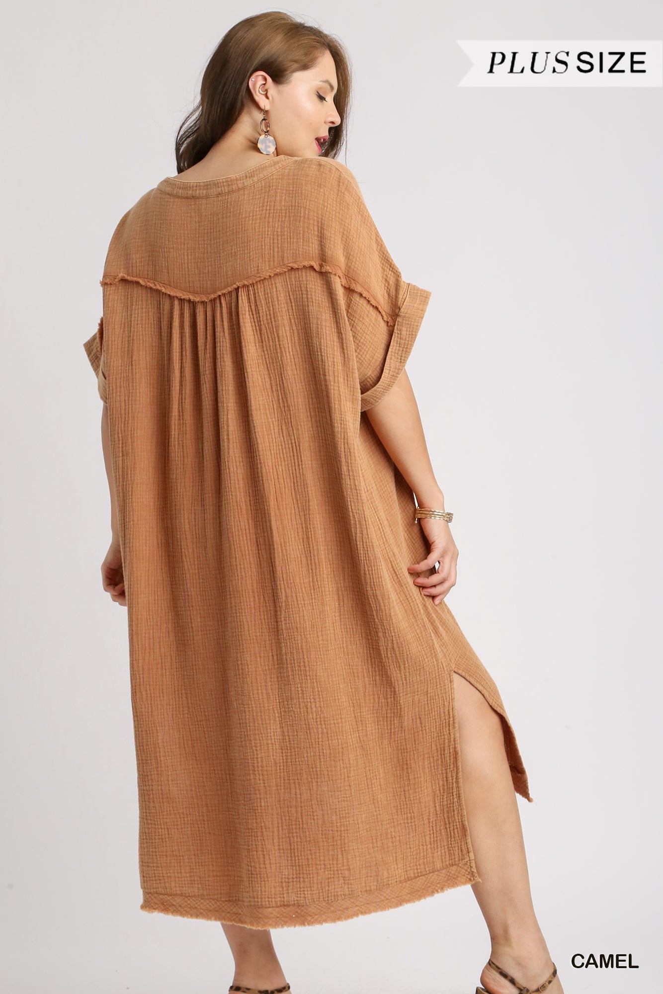 Umgee Plus Mineral Wash Cotton Gauze Split Neck Frayed Side Slit Midi Dress