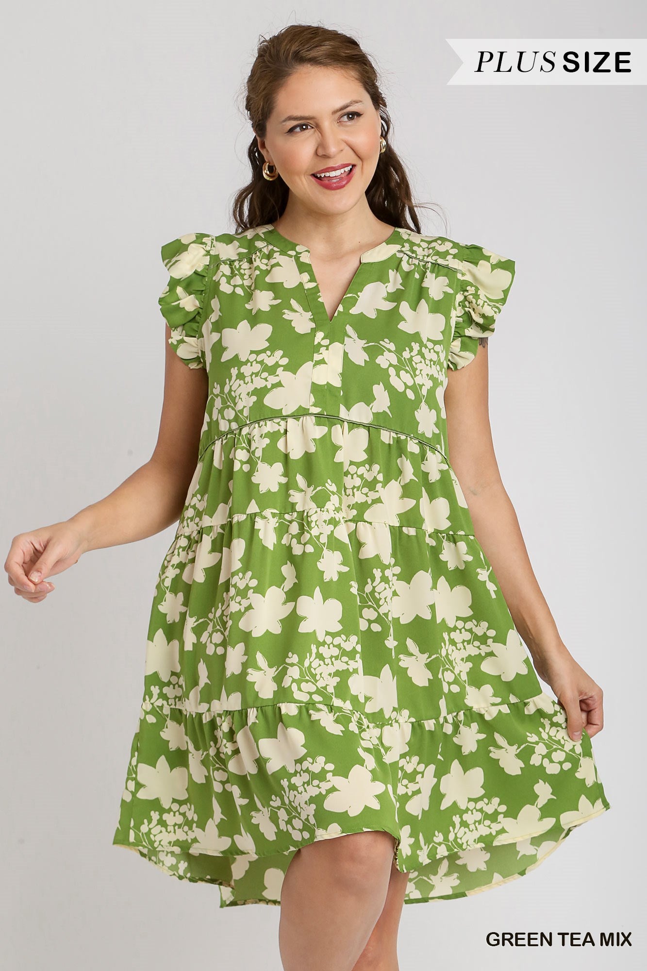 Umgee Plus V-Notched Short Print Tiered Flutter Sleeves Dress