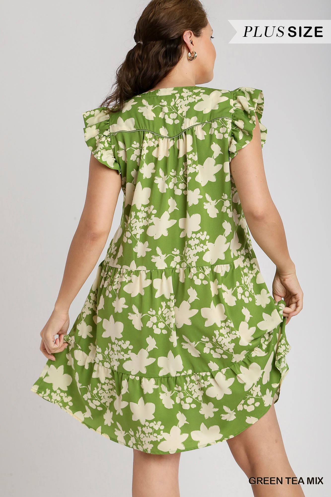 Umgee Plus V-Notched Short Print Tiered Flutter Sleeves Dress