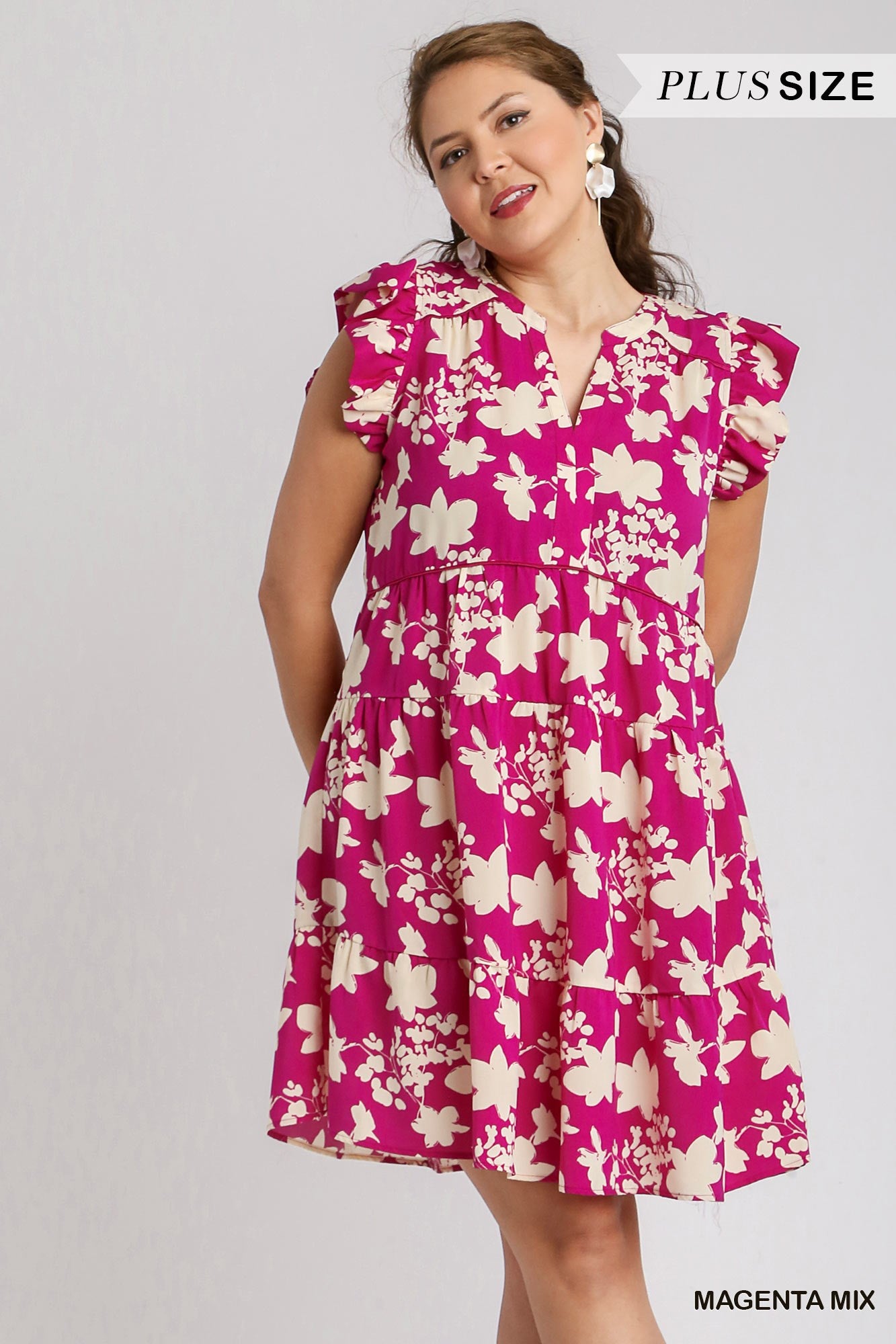 Umgee Plus V-Notched Short Print Tiered Flutter Sleeves Dress