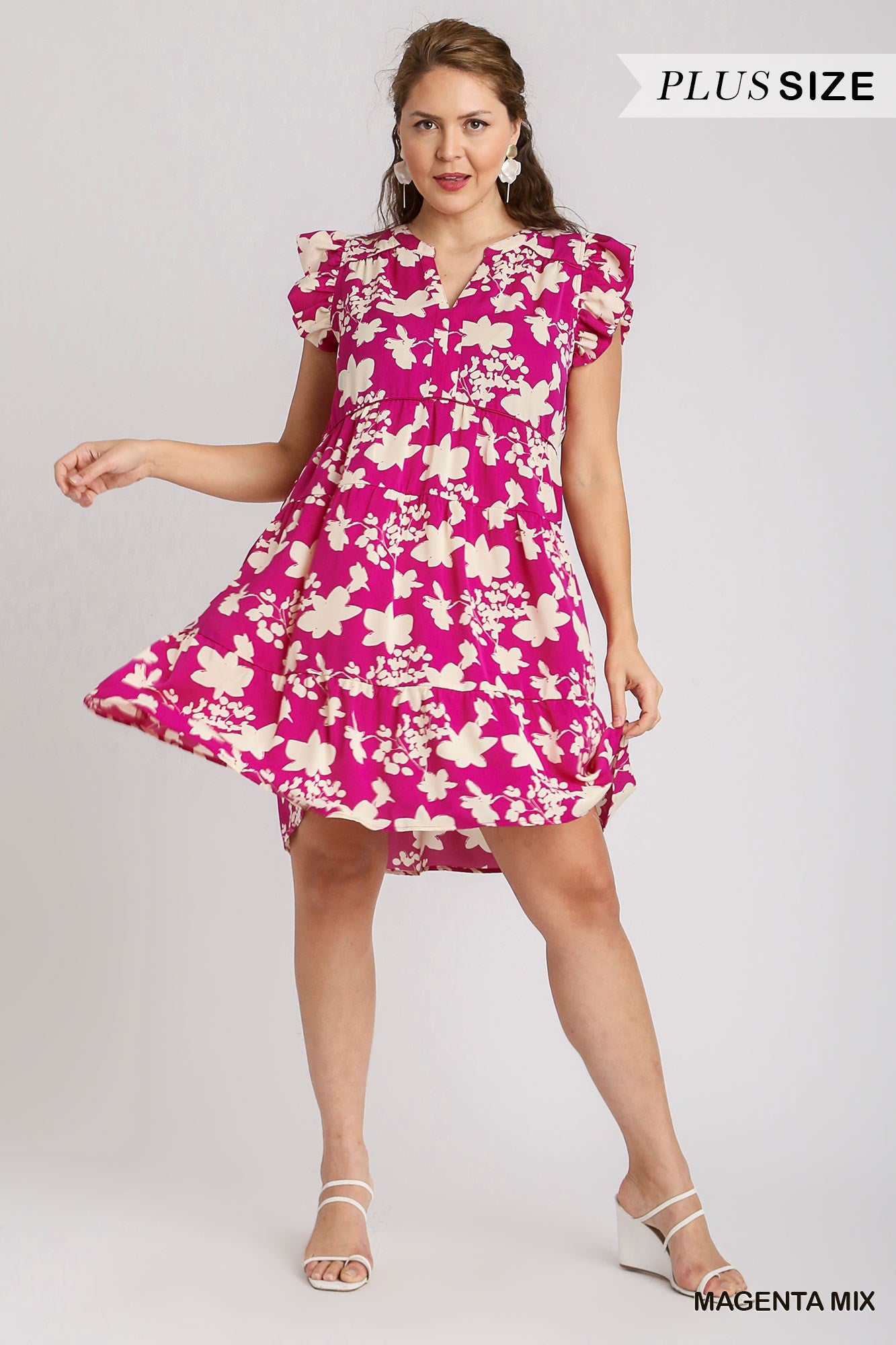 Umgee Plus V-Notched Short Print Tiered Flutter Sleeves Dress