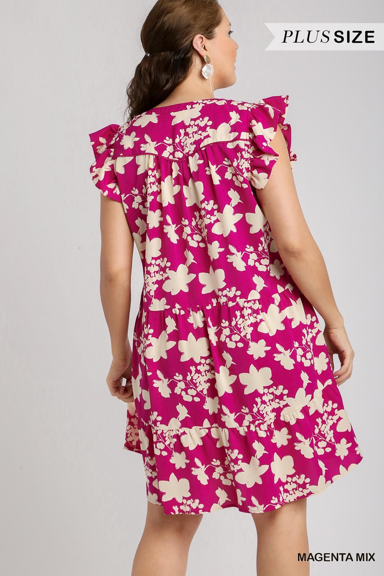 Umgee Plus V-Notched Short Print Tiered Flutter Sleeves Dress