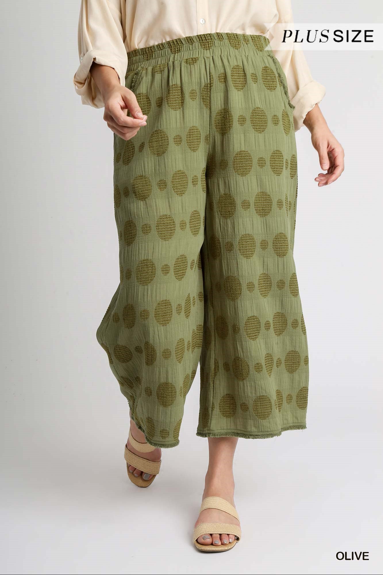Umgee Plus Elastic Waistband Textured Polka Dot Wide Leg Pants