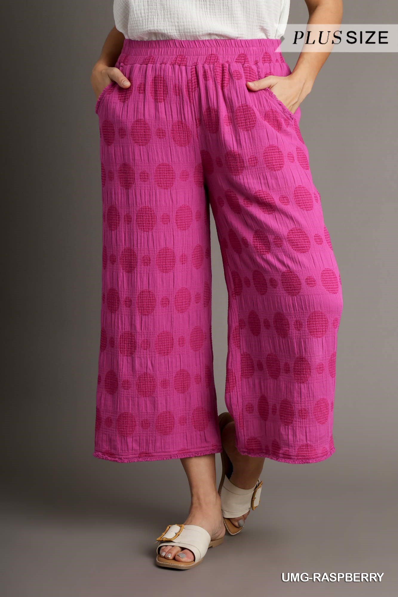 Umgee Plus Elastic Waistband Textured Polka Dot Wide Leg Pants