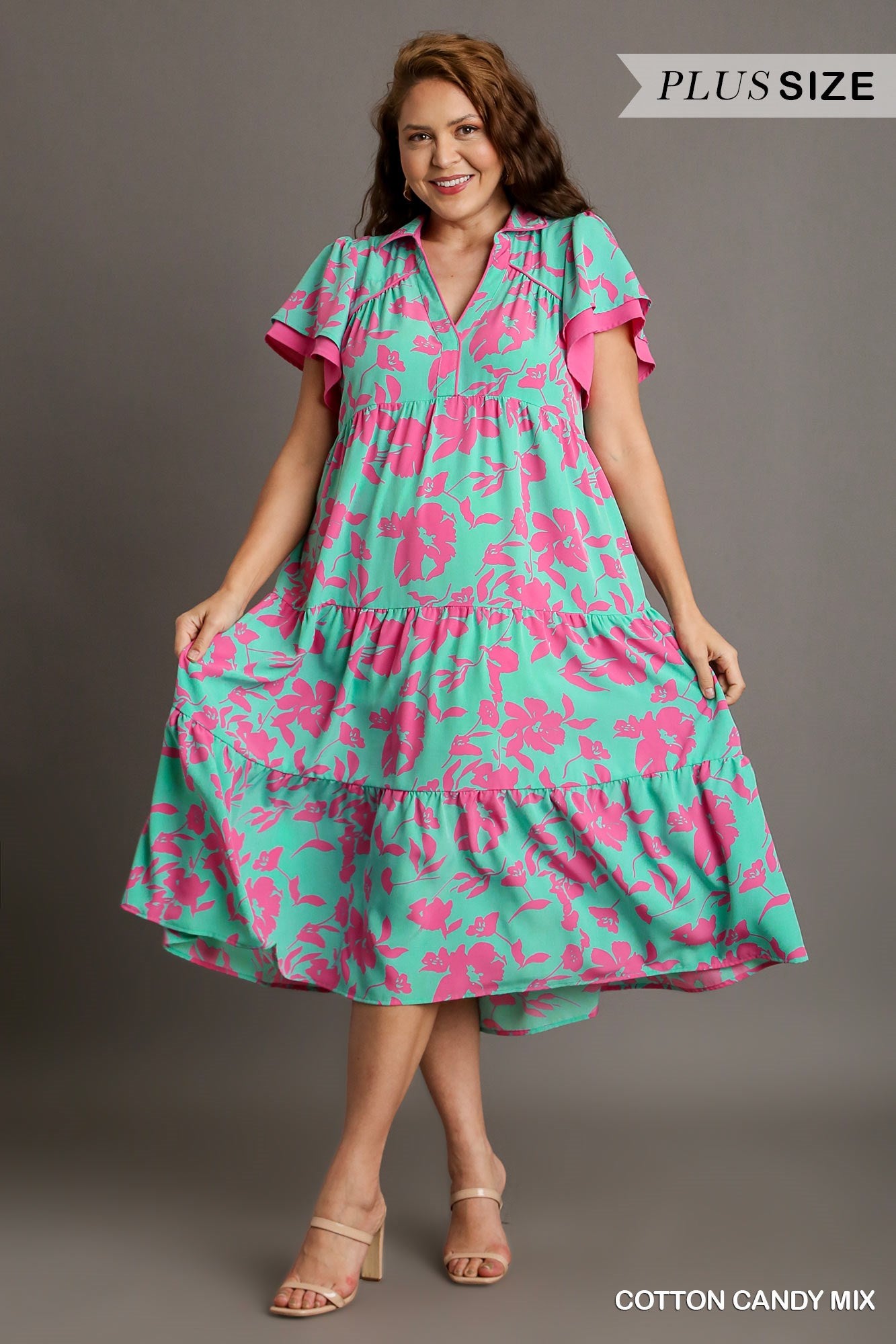 Umgee Plus Two Tone A-Line Collared Tiered Short Layered Sleeves Midi Dress