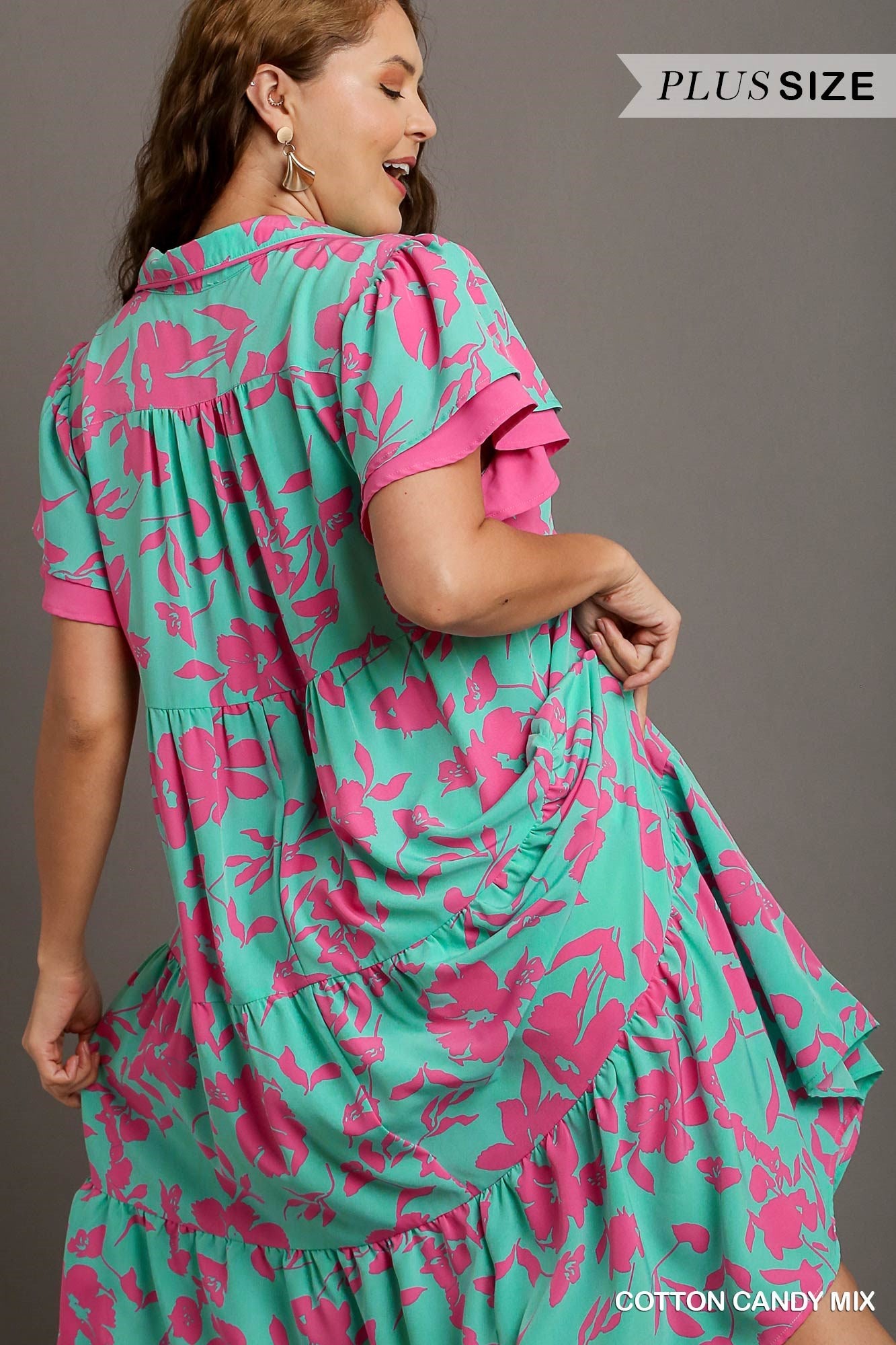 Umgee Plus Two Tone A-Line Collared Tiered Short Layered Sleeves Midi Dress