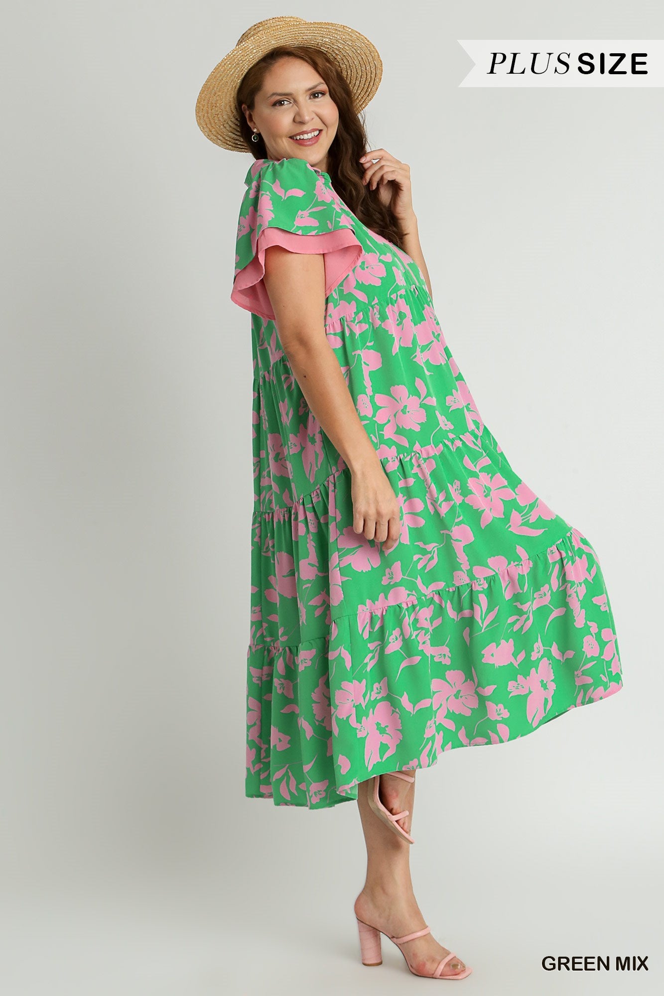 Umgee Plus Two Tone A-Line Collared Tiered Short Layered Sleeves Midi Dress