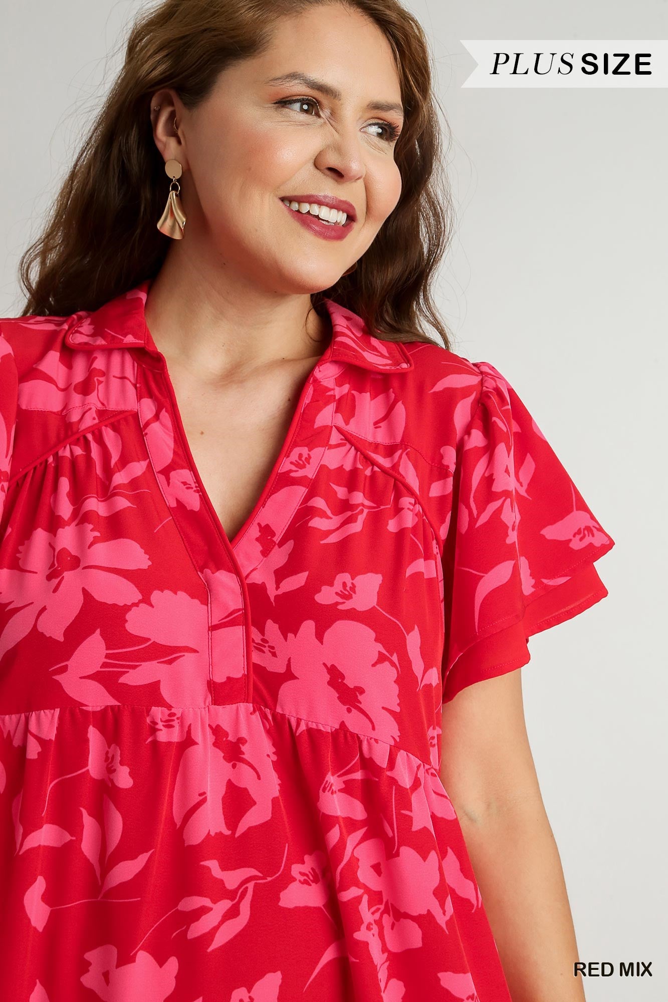 Umgee Plus Two Tone A-Line Collared Tiered Short Layered Sleeves Midi Dress