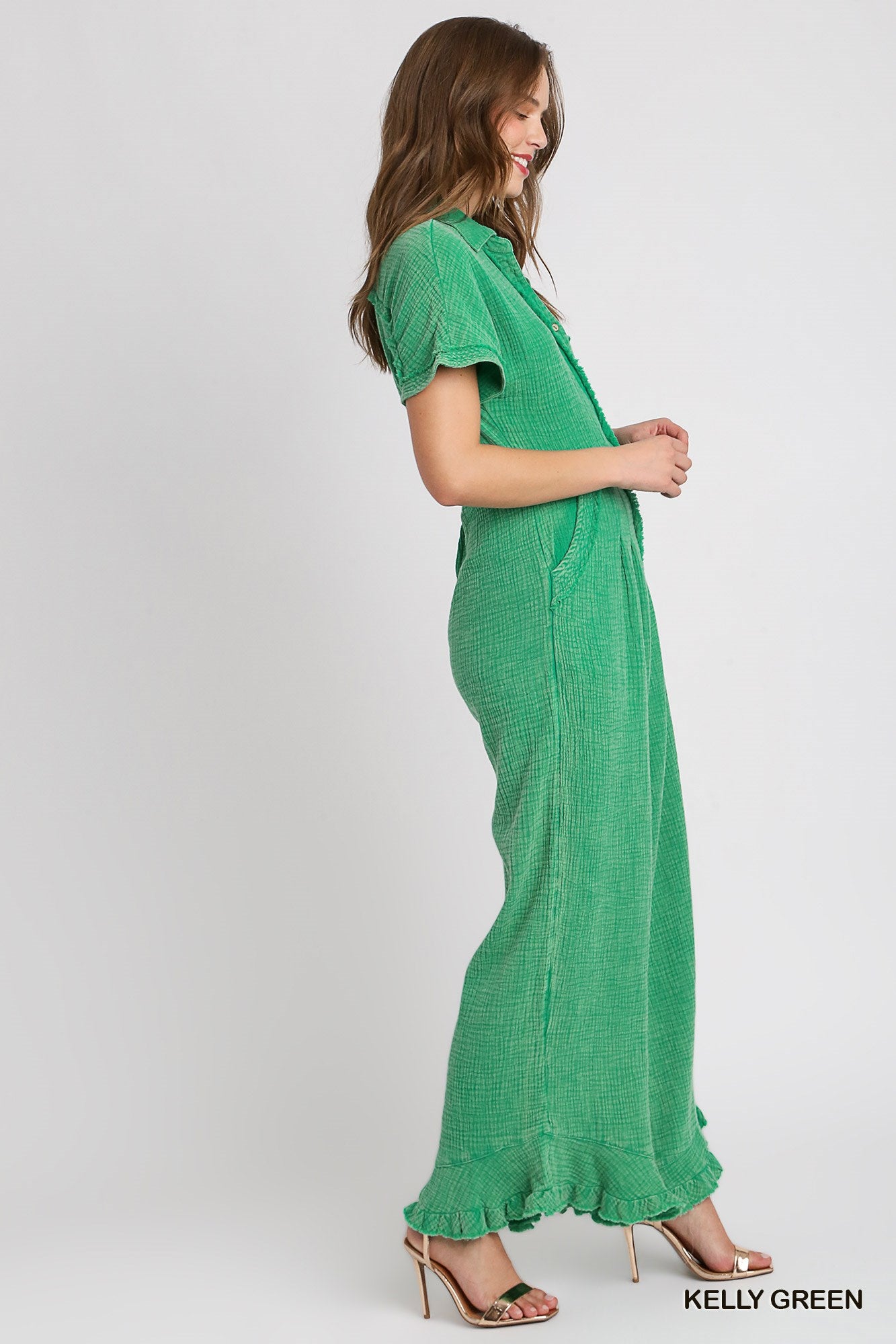 Umgee Cotton Gauze Mineral Wash Wide Leg Fray Jumpsuit Pants