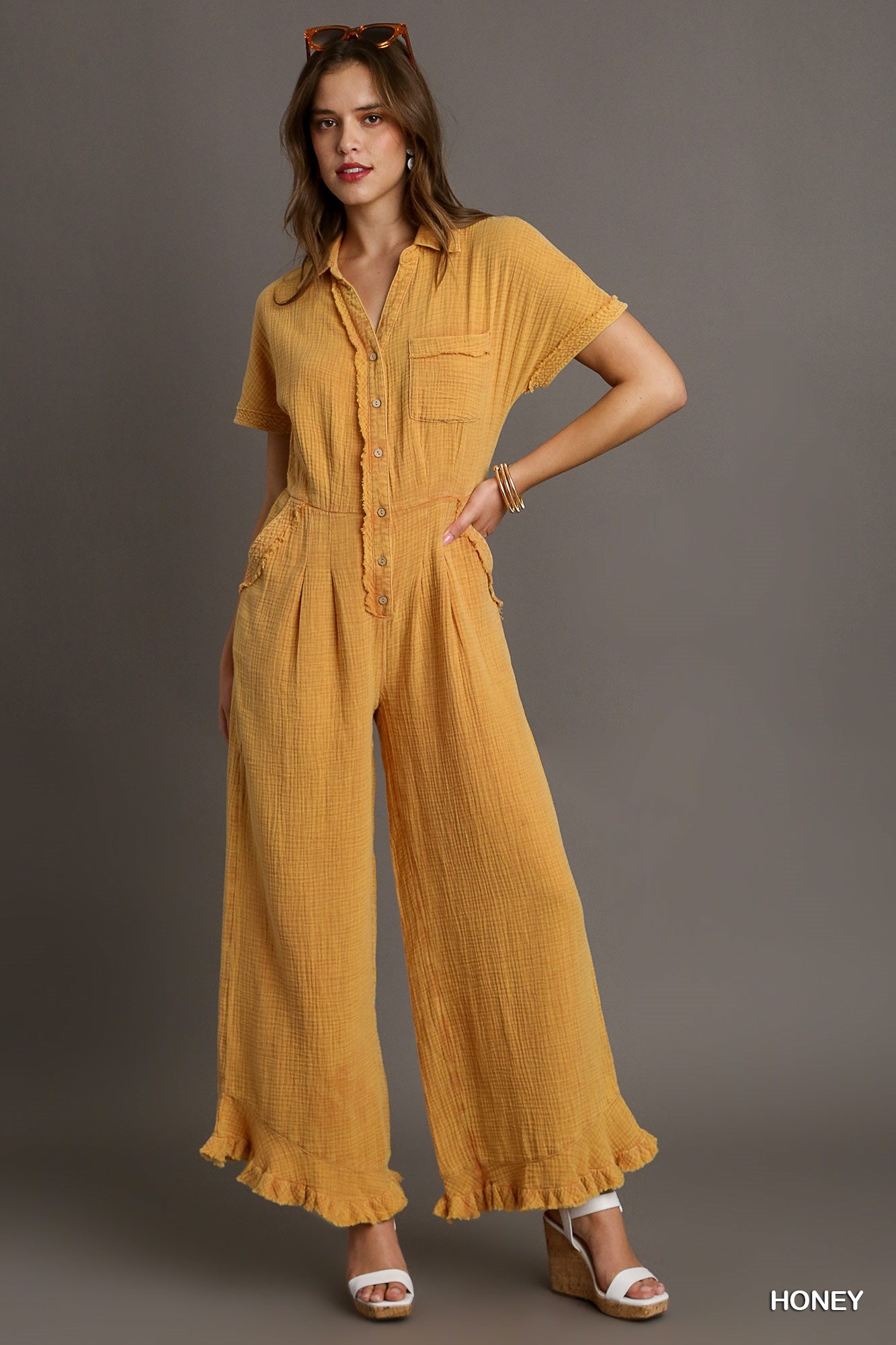 Umgee Cotton Gauze Mineral Wash Wide Leg Fray Jumpsuit Pants