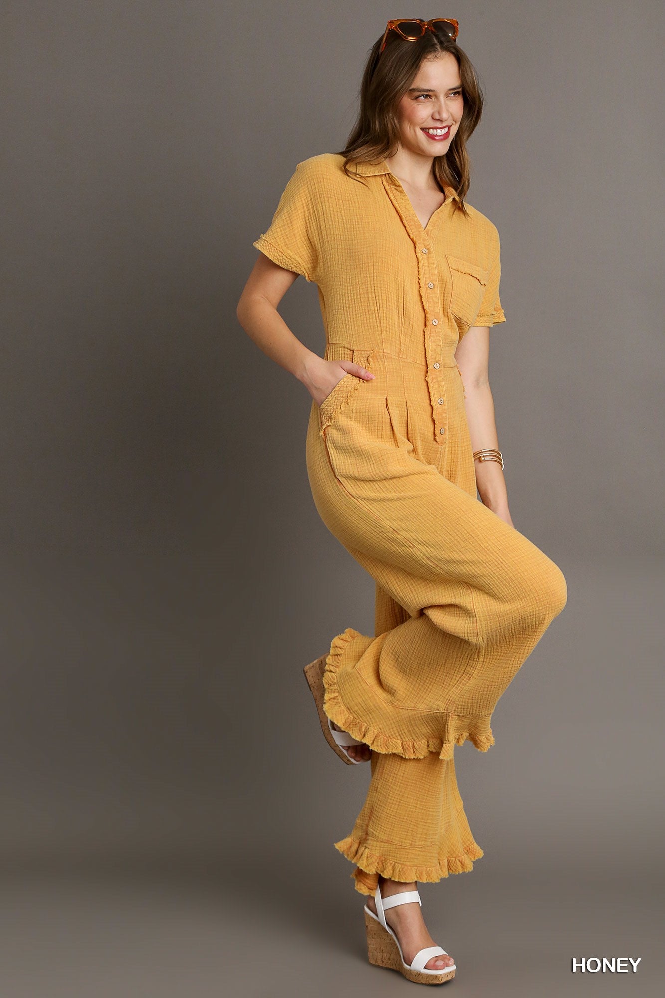 Umgee Cotton Gauze Mineral Wash Wide Leg Fray Jumpsuit Pants