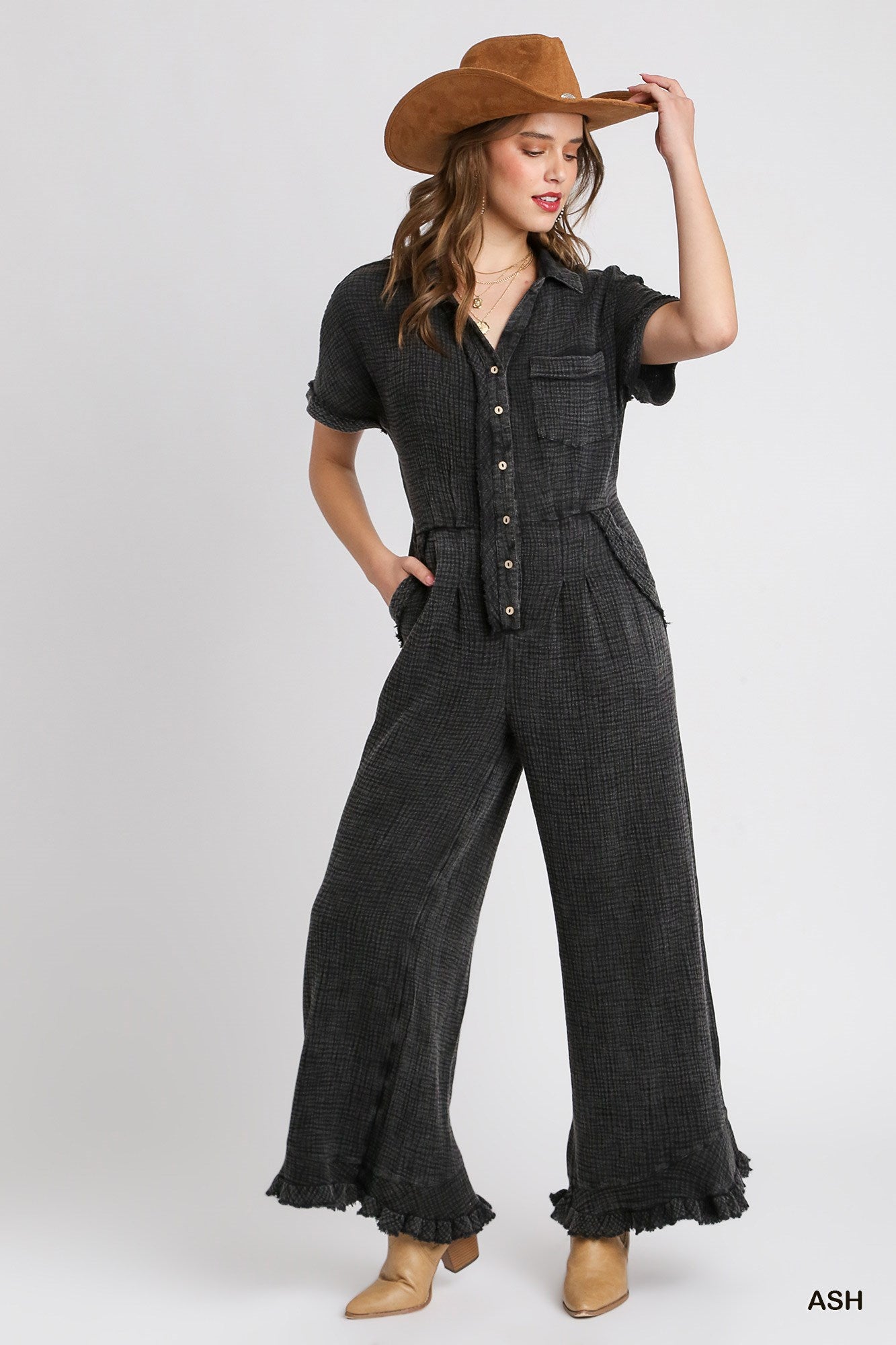 Umgee Cotton Gauze Mineral Wash Wide Leg Fray Jumpsuit Pants