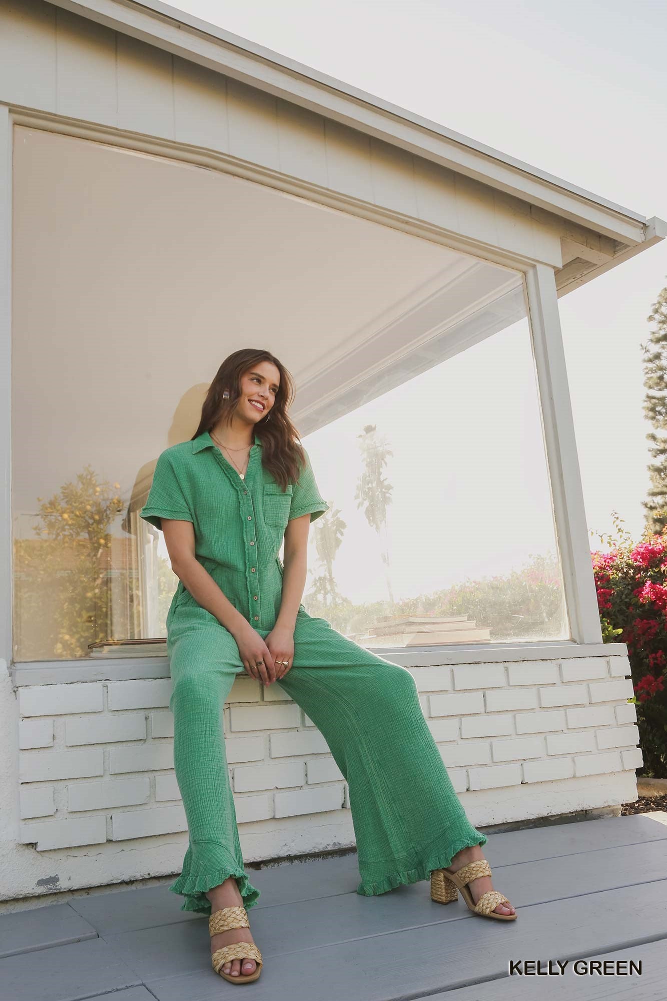 Umgee Cotton Gauze Mineral Wash Wide Leg Fray Jumpsuit Pants