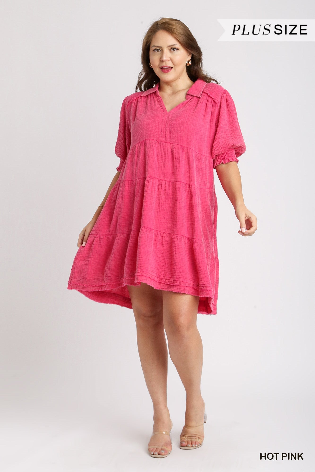 Umgee Plus Mineral Wash Cotton Gauze Tiered Collared Smocked Cuff Dress