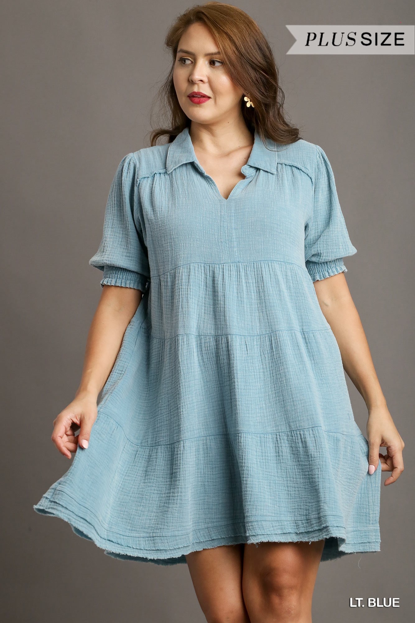 Umgee Plus Mineral Wash Cotton Gauze Tiered Collared Smocked Cuff Dress
